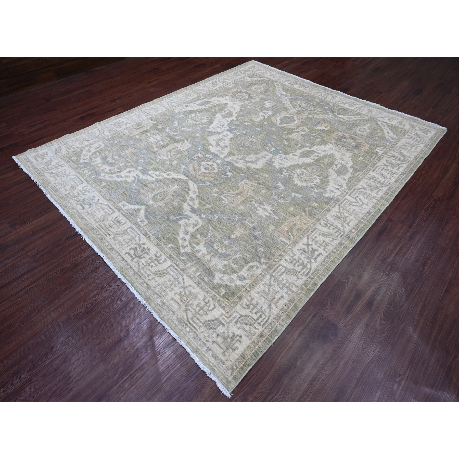 8'x9'8" Camouflage Green, Antiqued Peshawar with Ziegler Mahal Design, 100% Wool, Hand Knotted, Densely Woven, Oriental Rug Sh20896
