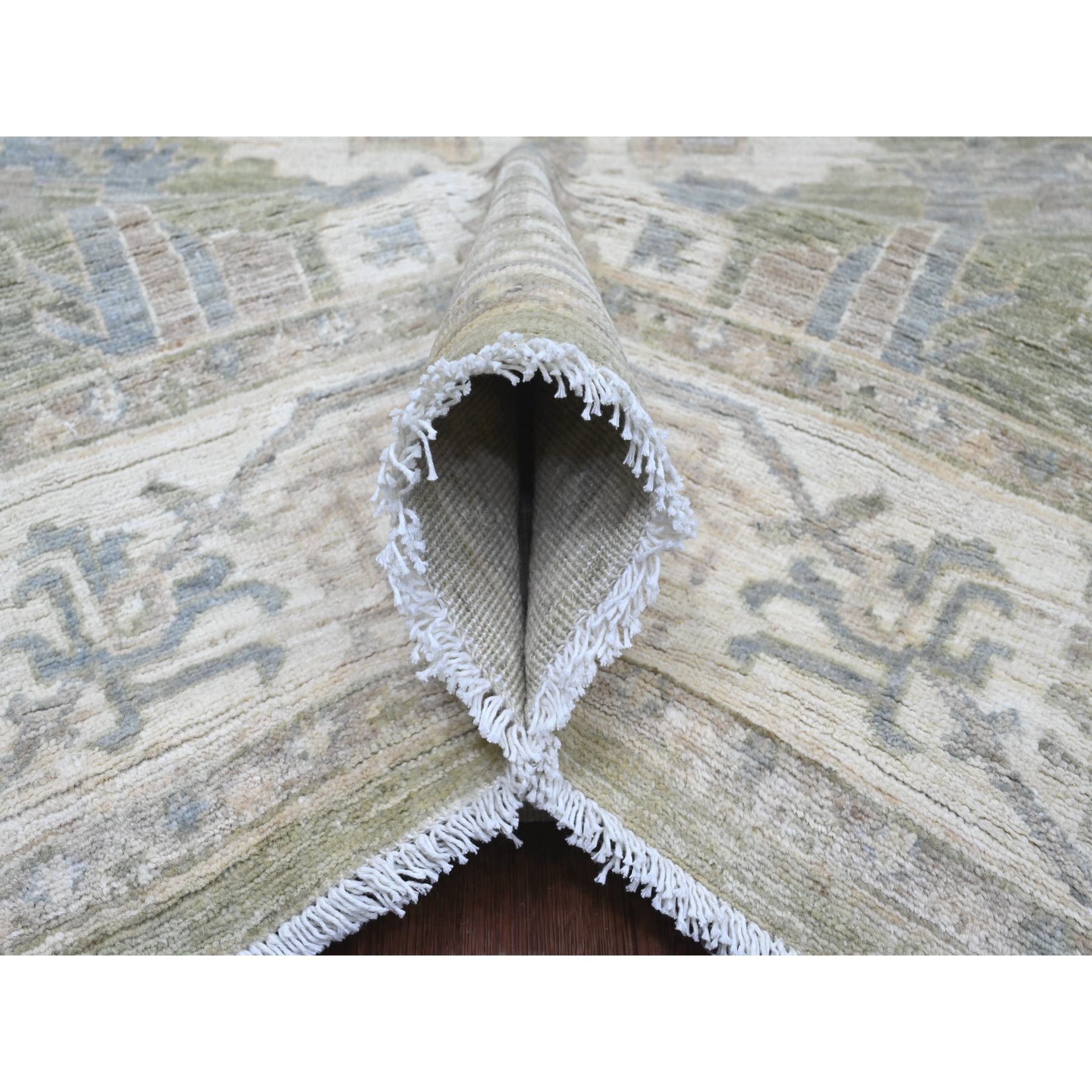 8'x9'8" Camouflage Green, Antiqued Peshawar with Ziegler Mahal Design, 100% Wool, Hand Knotted, Densely Woven, Oriental Rug Sh20896