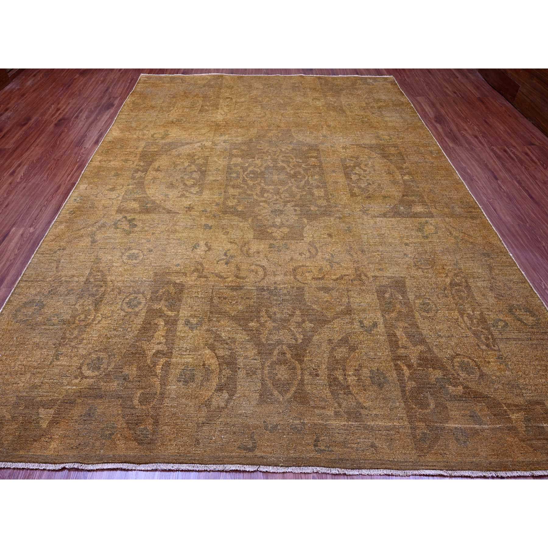 9'x11'10" Almond Brown, Zero Pile, Arts and Crafts with Garden Design Influence, Distressed, Hand Knotted, 100% Wool, Oriental Rug Sh20902