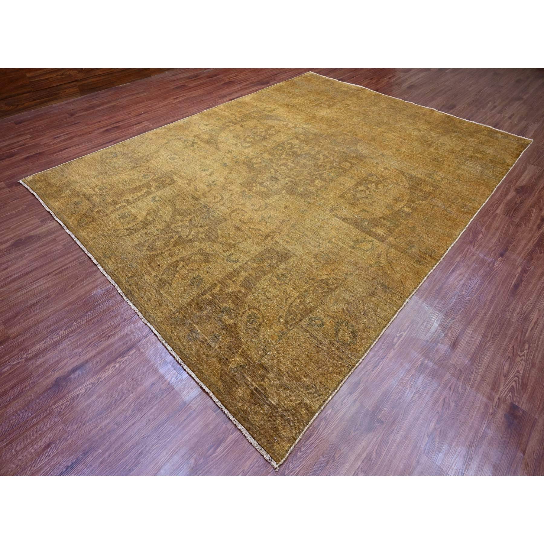 9'x11'10" Almond Brown, Zero Pile, Arts and Crafts with Garden Design Influence, Distressed, Hand Knotted, 100% Wool, Oriental Rug Sh20902