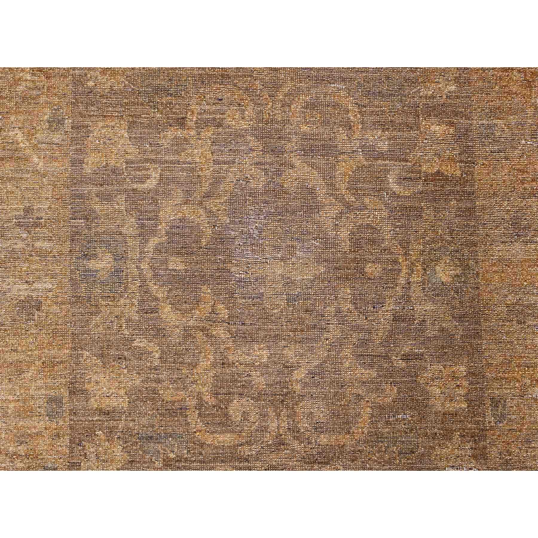 9'x11'10" Almond Brown, Zero Pile, Arts and Crafts with Garden Design Influence, Distressed, Hand Knotted, 100% Wool, Oriental Rug Sh20902