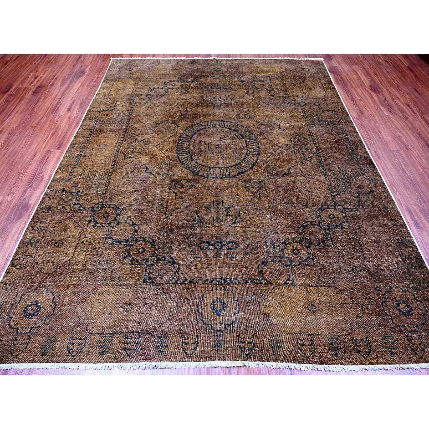 7'9"x9'7" Chocolate Brown, Overdyed Peshawar with Mamluk Design, Distressed, Zero Pile, 100% Wool, Hand Knotted, Oriental Rug Sh20903