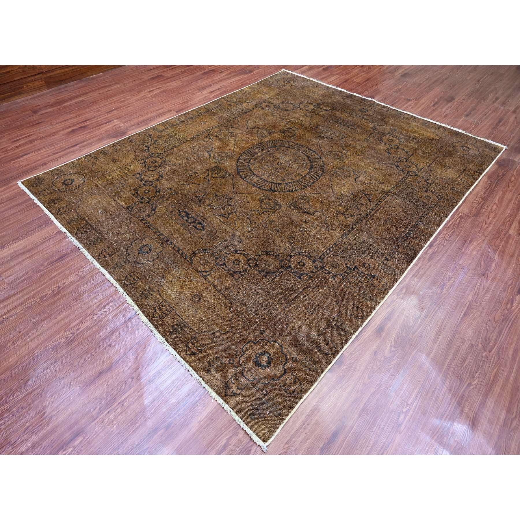 7'9"x9'7" Chocolate Brown, Overdyed Peshawar with Mamluk Design, Distressed, Zero Pile, 100% Wool, Hand Knotted, Oriental Rug Sh20903