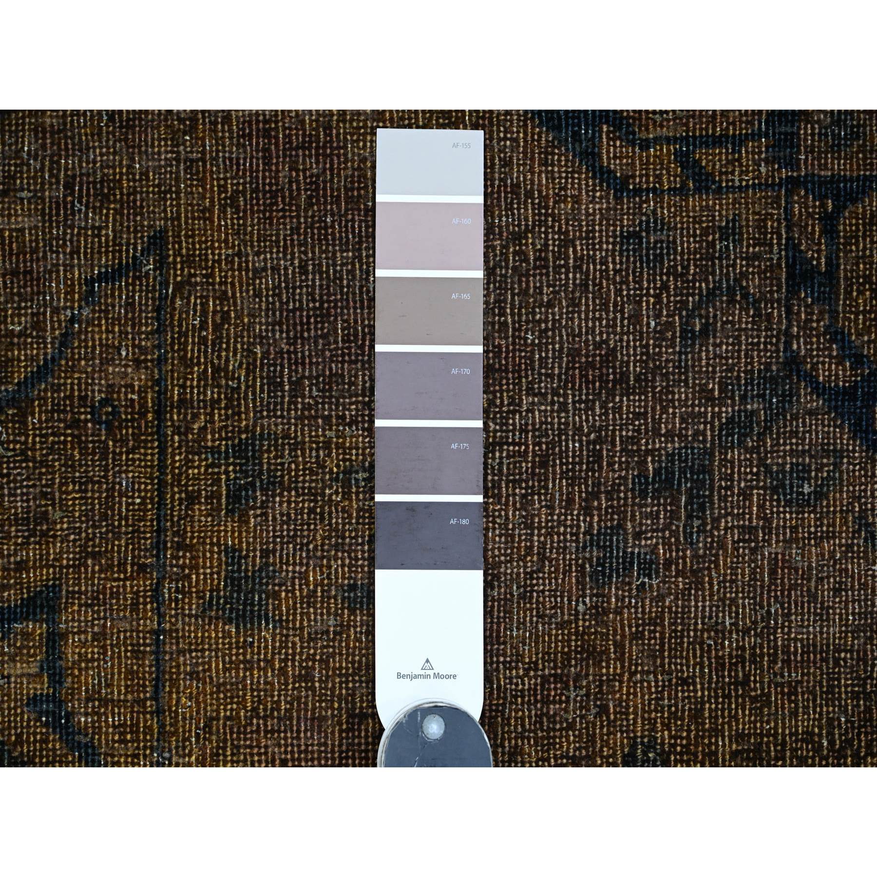 7'9"x9'7" Chocolate Brown, Overdyed Peshawar with Mamluk Design, Distressed, Zero Pile, 100% Wool, Hand Knotted, Oriental Rug Sh20903