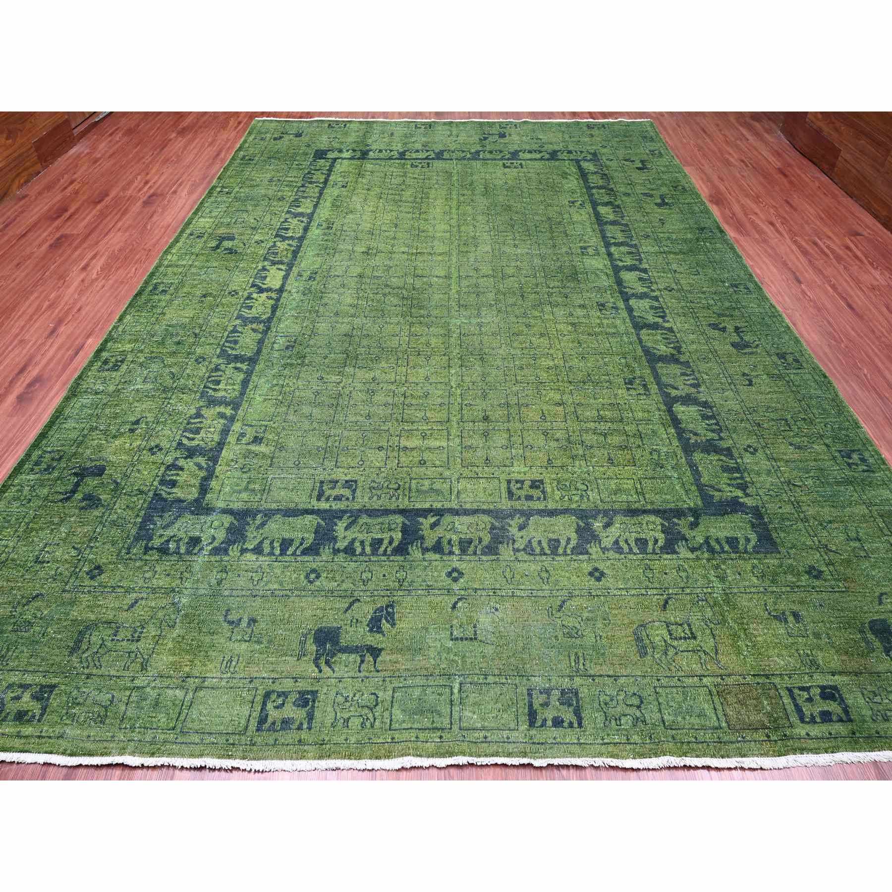 9'9"x13'8" Pickle Green, Overdyed Peshawar with Pazyryk Design, Zero Pile, Distressed, Pure Wool, Hand Knotted, Oriental Rug Sh20904