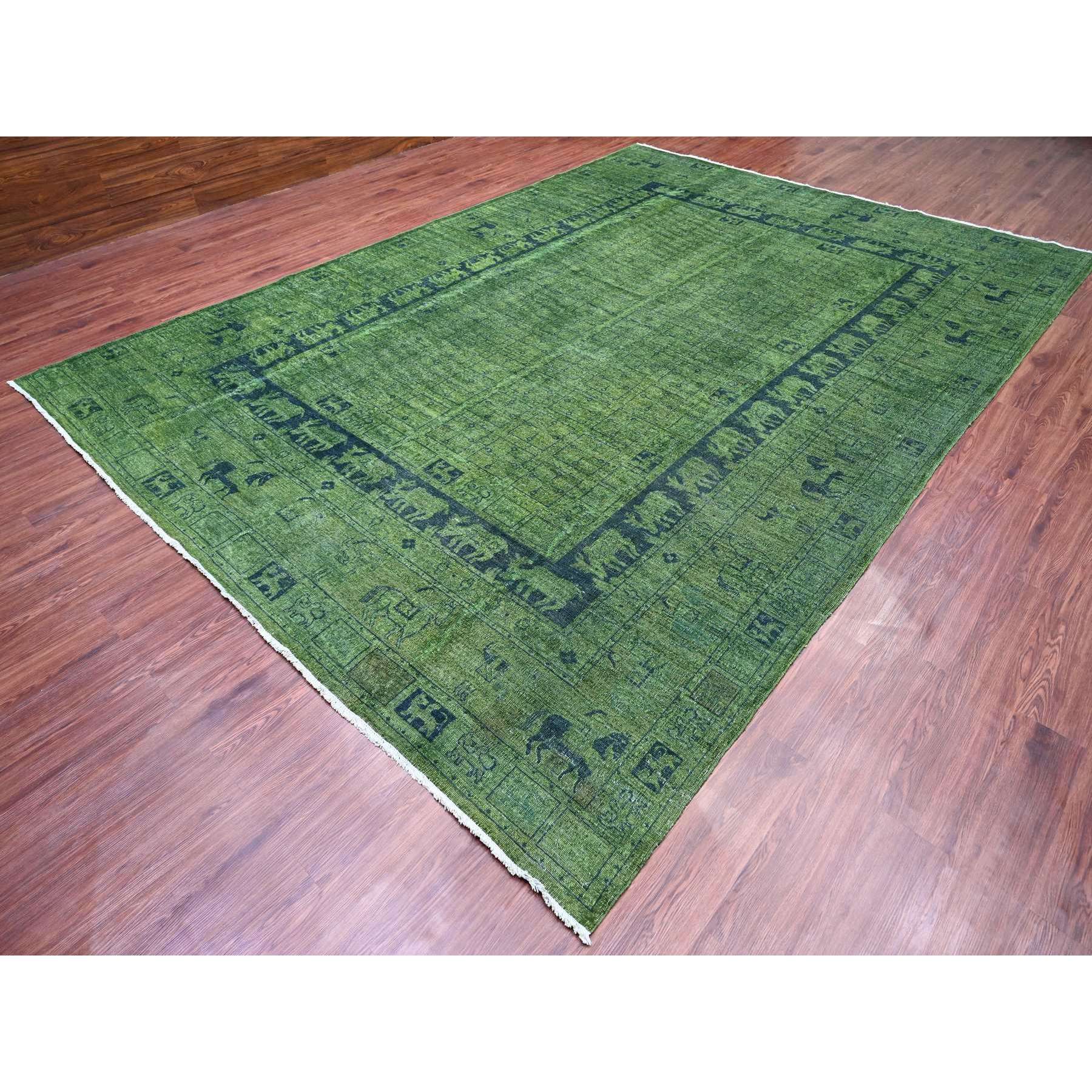 9'9"x13'8" Pickle Green, Overdyed Peshawar with Pazyryk Design, Zero Pile, Distressed, Pure Wool, Hand Knotted, Oriental Rug Sh20904