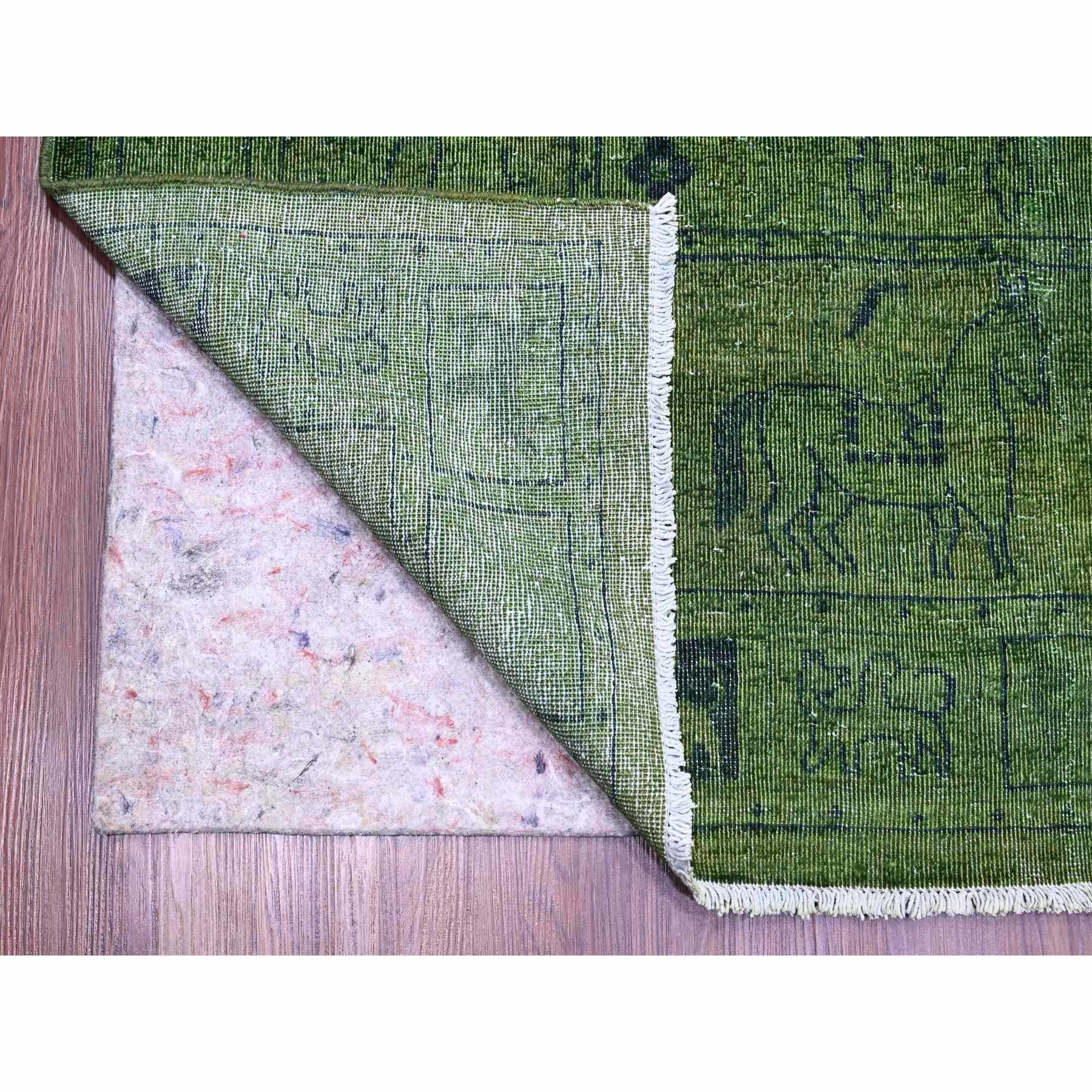 9'9"x13'8" Pickle Green, Overdyed Peshawar with Pazyryk Design, Zero Pile, Distressed, Pure Wool, Hand Knotted, Oriental Rug Sh20904