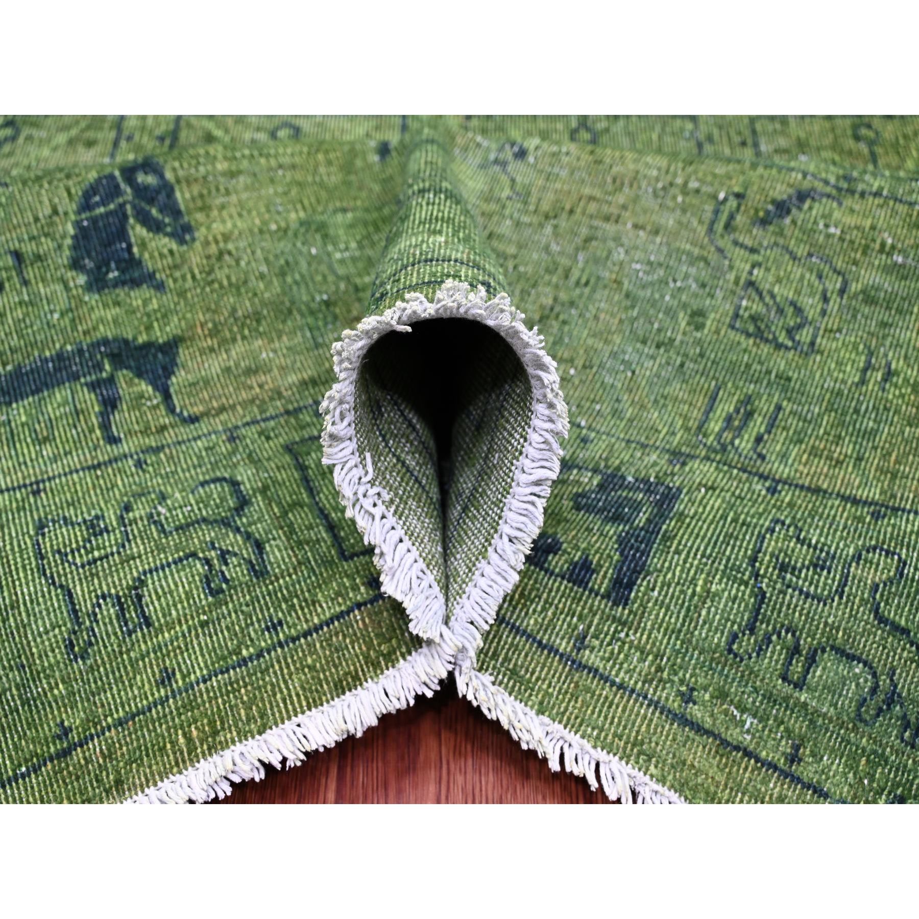 9'9"x13'8" Pickle Green, Overdyed Peshawar with Pazyryk Design, Zero Pile, Distressed, Pure Wool, Hand Knotted, Oriental Rug Sh20904