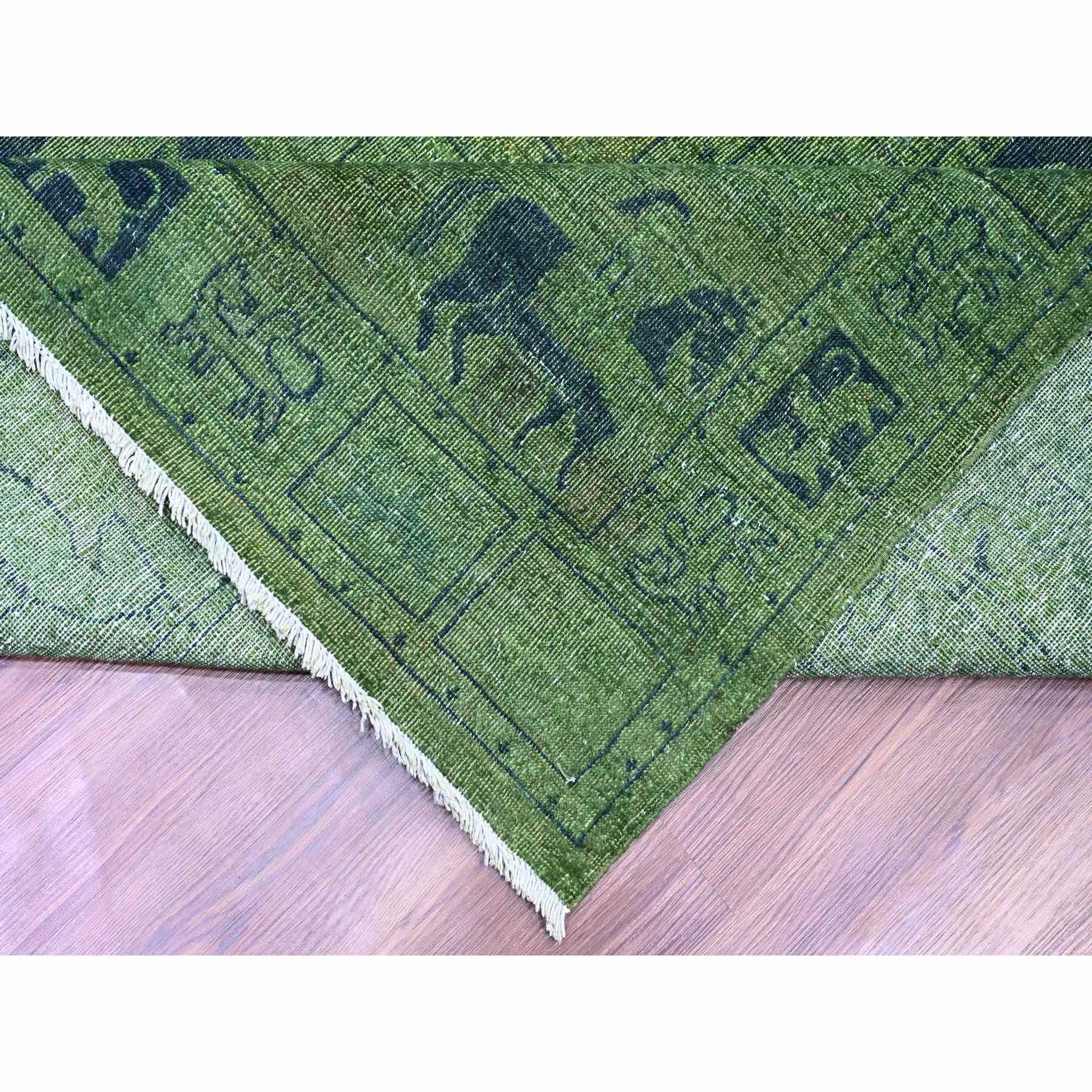9'9"x13'8" Pickle Green, Overdyed Peshawar with Pazyryk Design, Zero Pile, Distressed, Pure Wool, Hand Knotted, Oriental Rug Sh20904