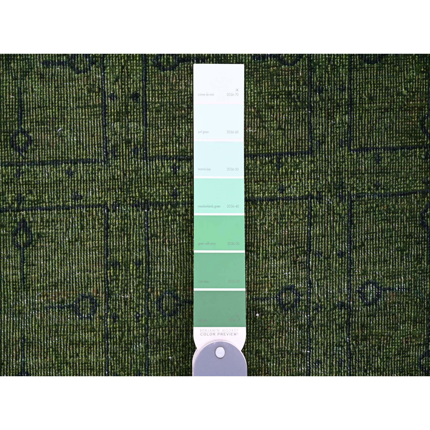 9'9"x13'8" Pickle Green, Overdyed Peshawar with Pazyryk Design, Zero Pile, Distressed, Pure Wool, Hand Knotted, Oriental Rug Sh20904