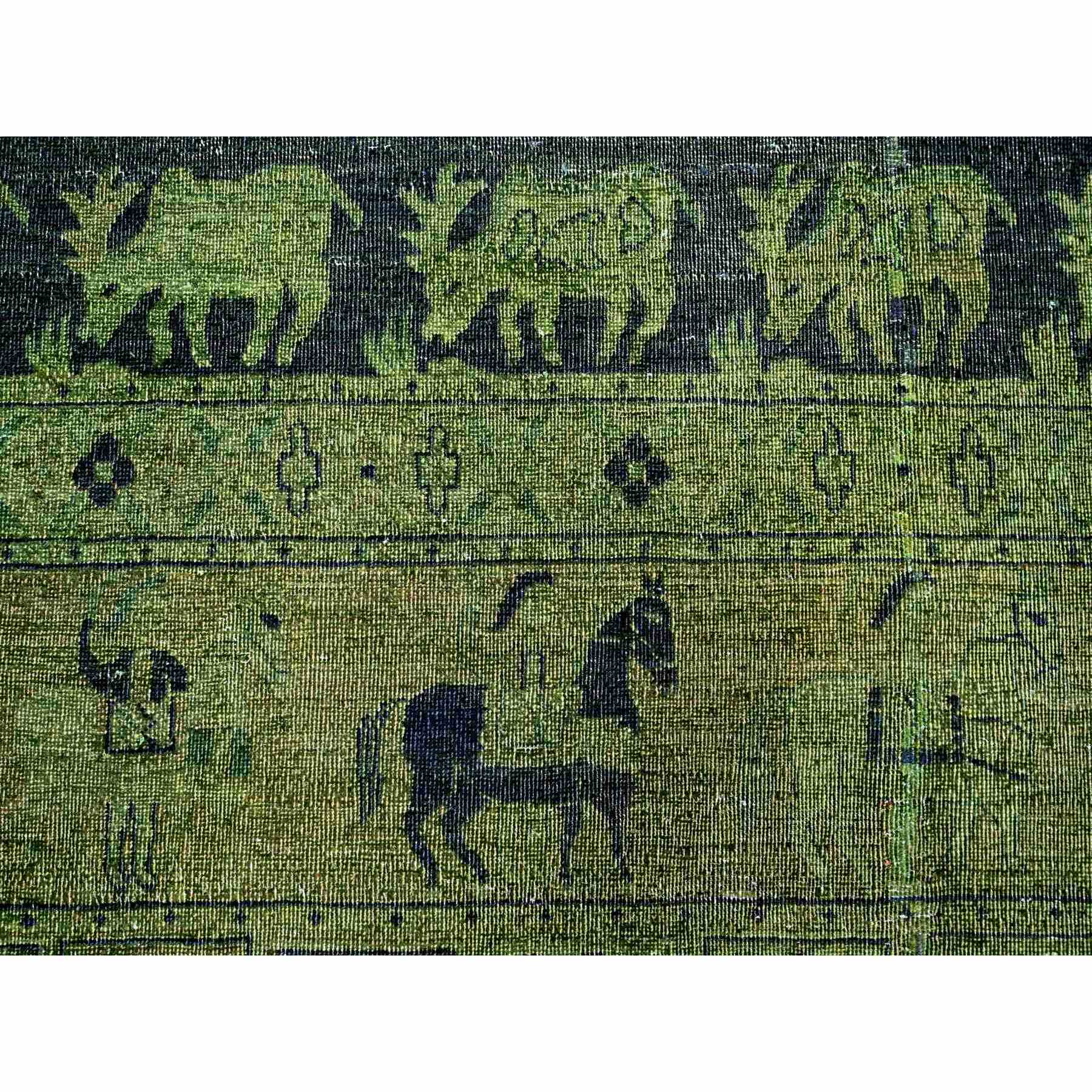 9'9"x13'8" Pickle Green, Overdyed Peshawar with Pazyryk Design, Zero Pile, Distressed, Pure Wool, Hand Knotted, Oriental Rug Sh20904