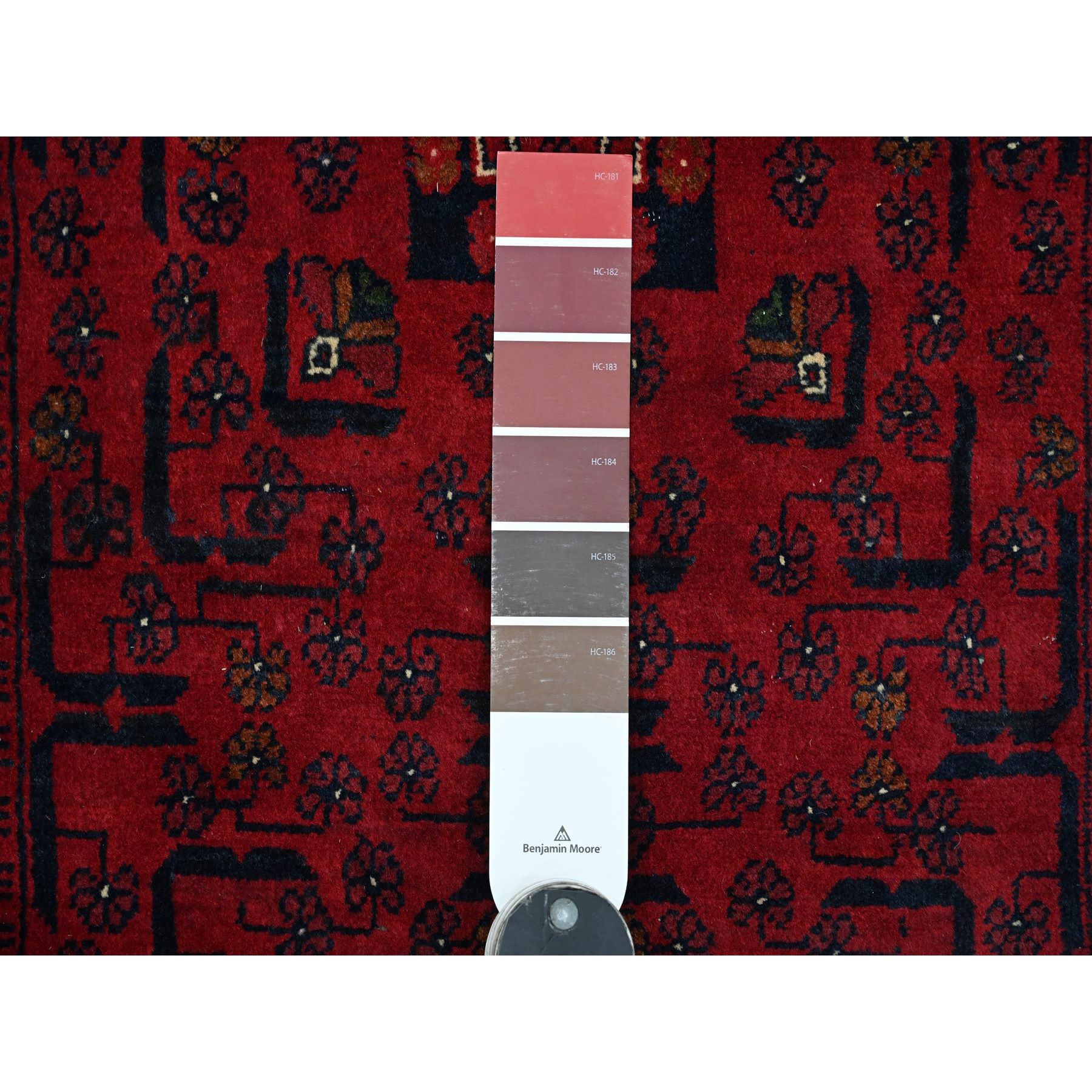 2'10"x19'3" Carmine Red, Afghan Khamyab with Geometric Design, Pure Wool, Hand Knotted, Vegetable Dyes, XL Runner, Oriental Rug Sh20910