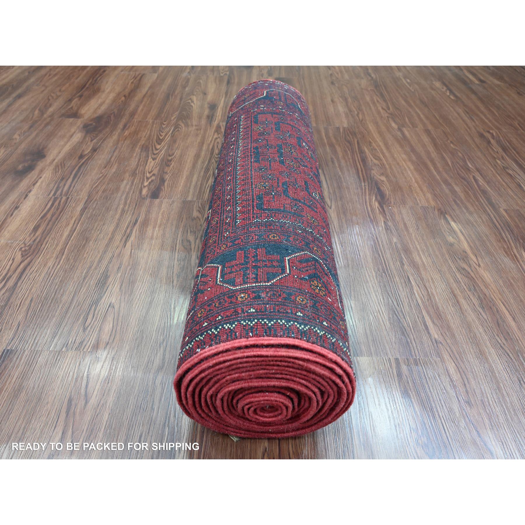 2'10"x19'3" Carmine Red, Afghan Khamyab with Geometric Design, Pure Wool, Hand Knotted, Vegetable Dyes, XL Runner, Oriental Rug Sh20910