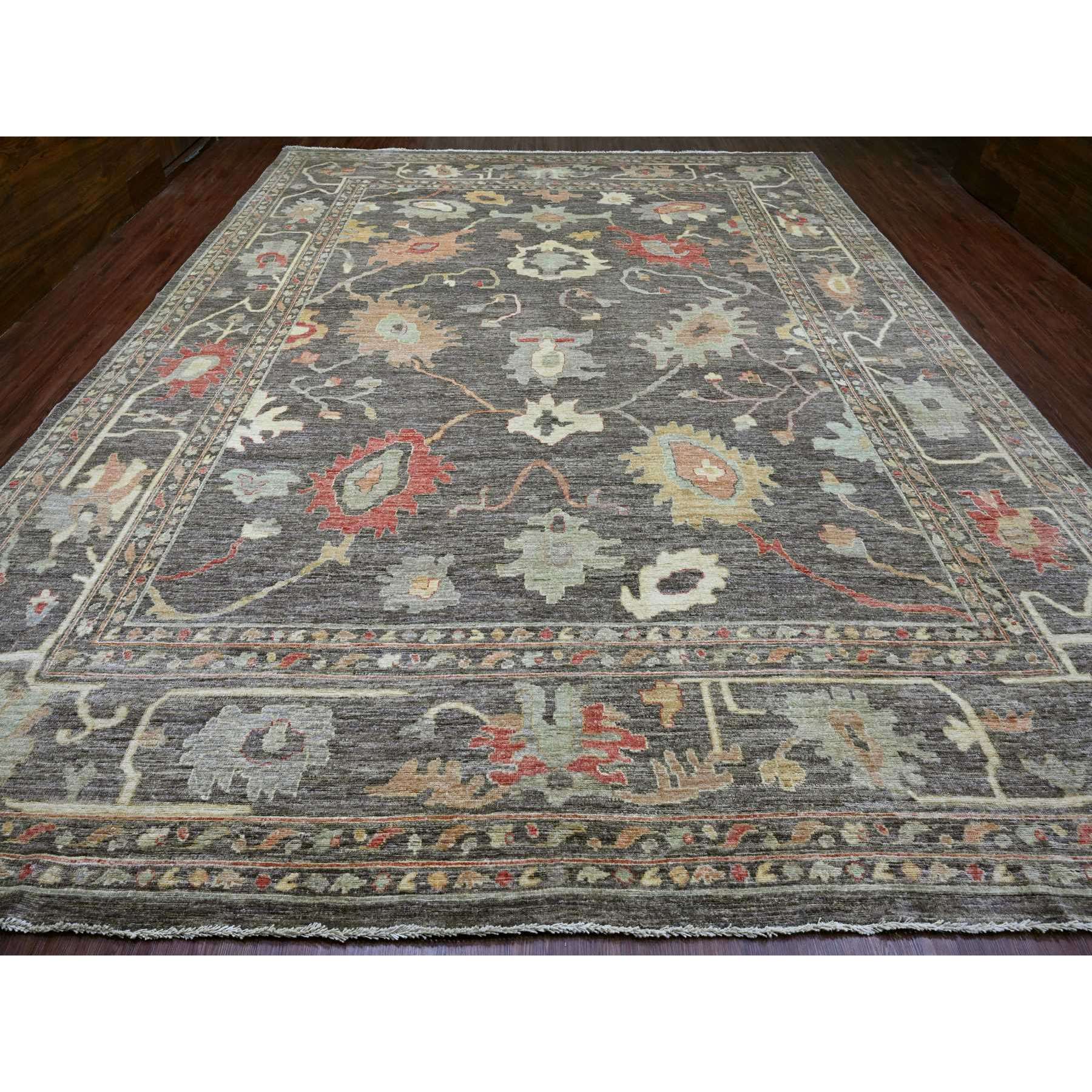 12'x5'7" Sonic Gray, Afghan Angora Oushak with Soft Color Leaf Design, Hand Knotted, Vegetable Dyes, 100% Wool, Oversized, Oriental Rug Sh20912