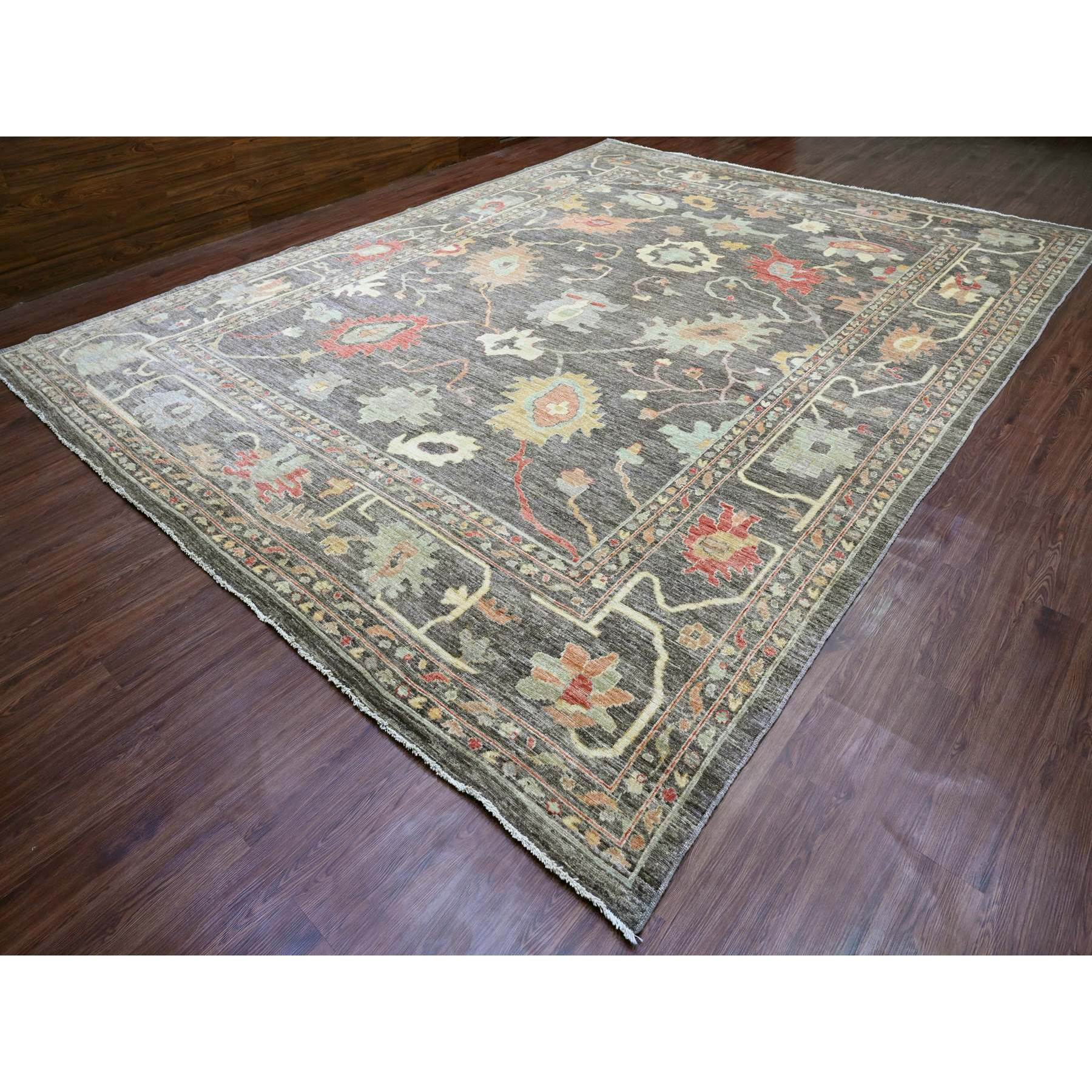 12'x5'7" Sonic Gray, Afghan Angora Oushak with Soft Color Leaf Design, Hand Knotted, Vegetable Dyes, 100% Wool, Oversized, Oriental Rug Sh20912