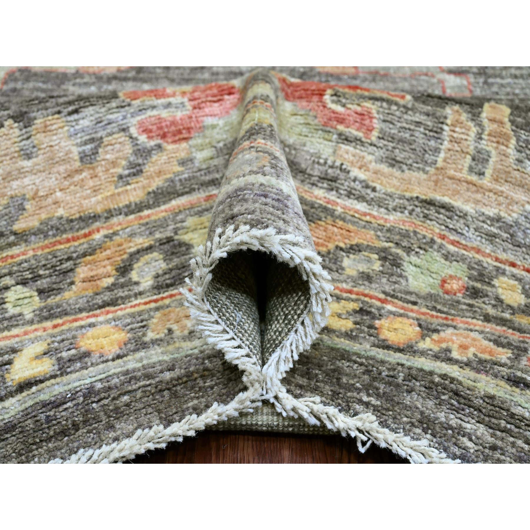 12'x5'7" Sonic Gray, Afghan Angora Oushak with Soft Color Leaf Design, Hand Knotted, Vegetable Dyes, 100% Wool, Oversized, Oriental Rug Sh20912