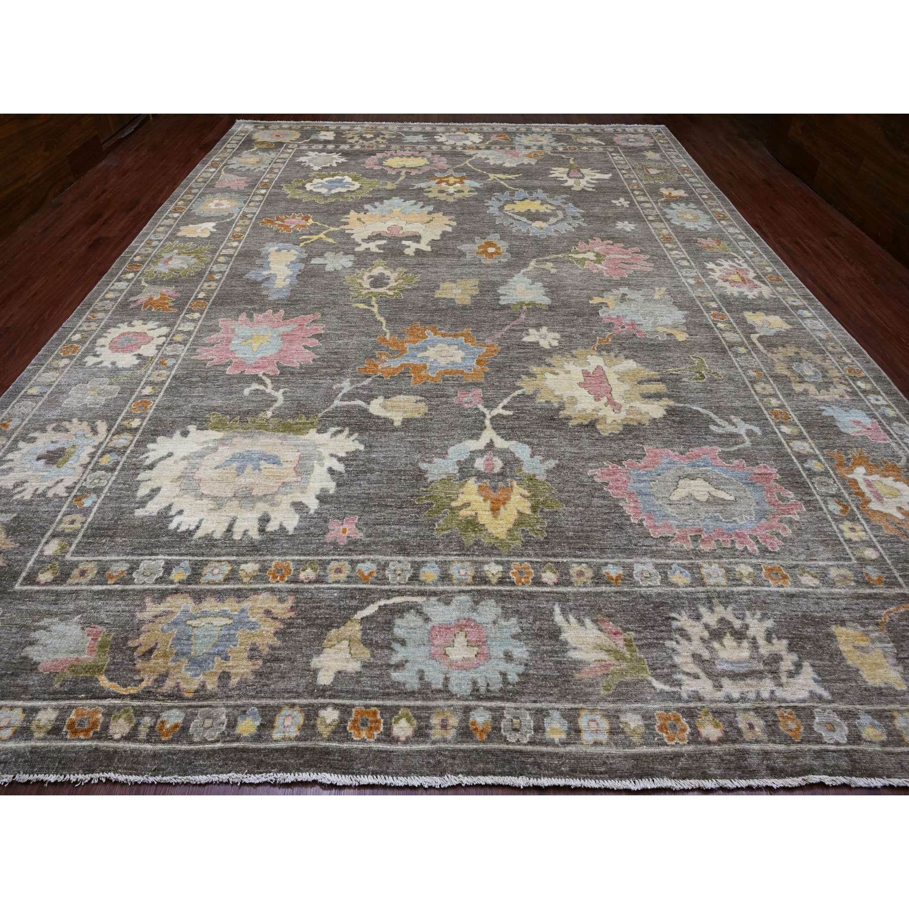 11'10"x15'9" Coffee Brown, Afghan Angora Oushak with Colorful Leaf Design, Hand Knotted, Vegetable Dyes, 100% Wool, Oversized, Oriental Rug Sh20913