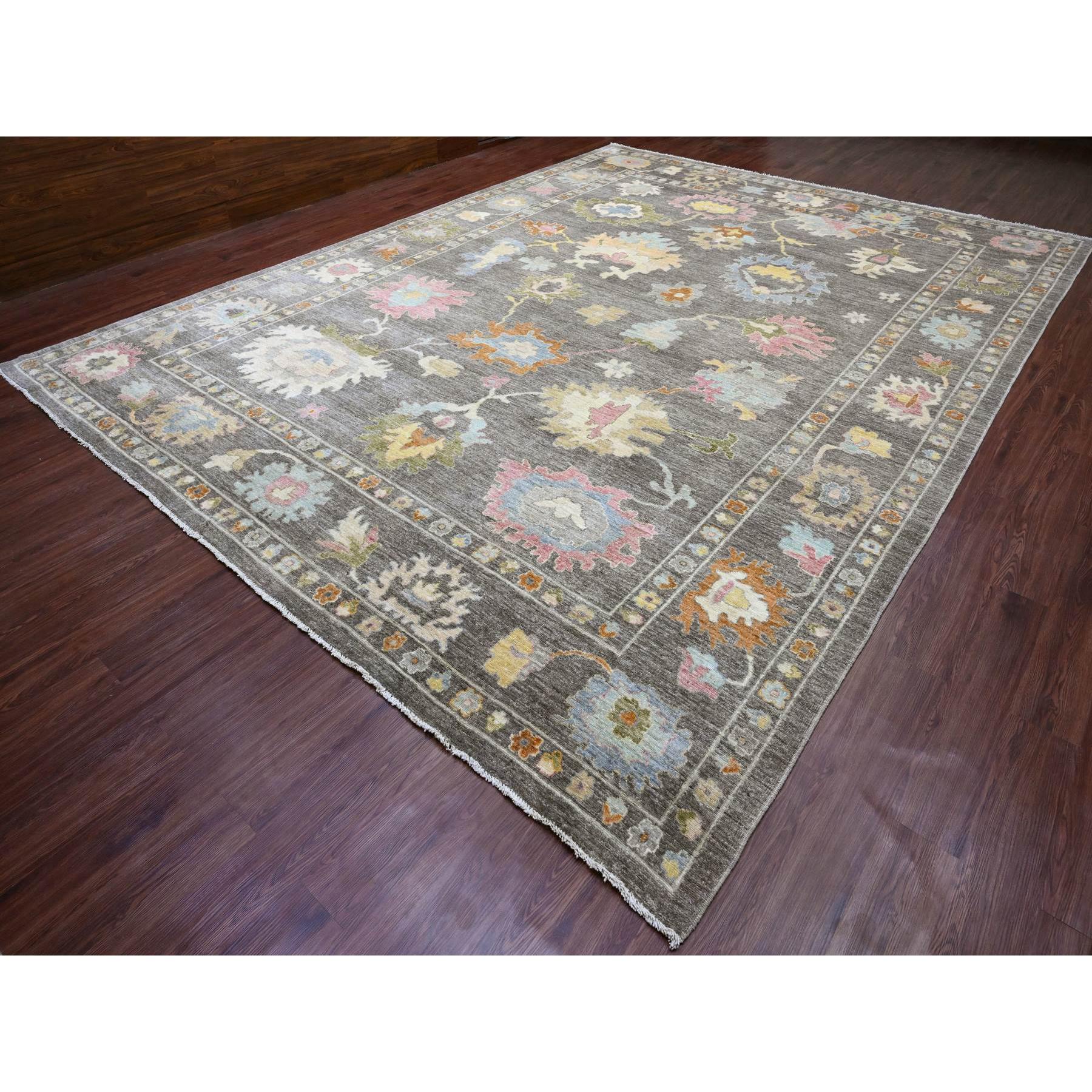 11'10"x15'9" Coffee Brown, Afghan Angora Oushak with Colorful Leaf Design, Hand Knotted, Vegetable Dyes, 100% Wool, Oversized, Oriental Rug Sh20913