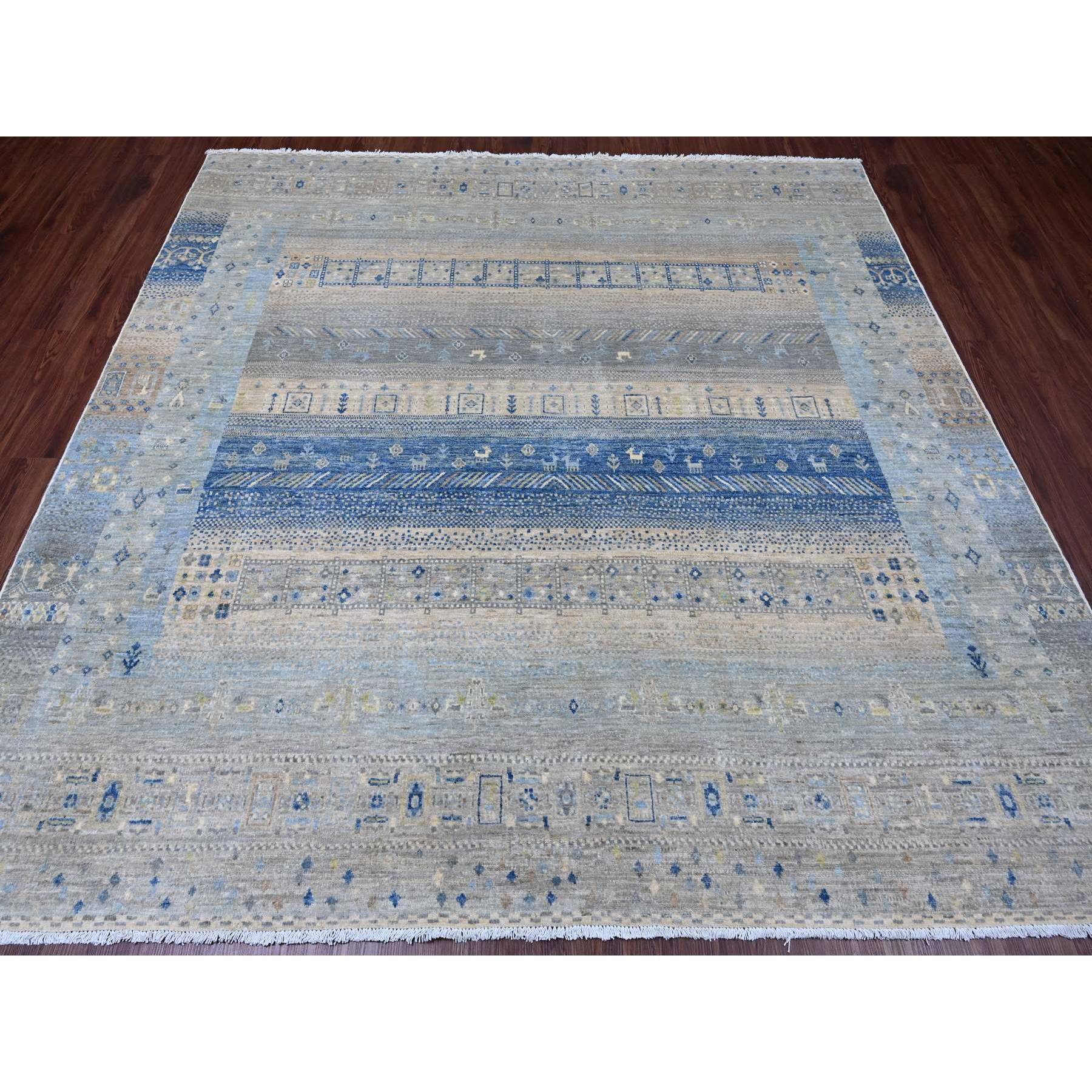 8'x8' Spanish Gray, Hand Knotted, Fine Kashkuli Gabbeh with Small Animal Figurines, Soft Wool, Vegetable Dyes, Square, Oriental Rug Sh20915