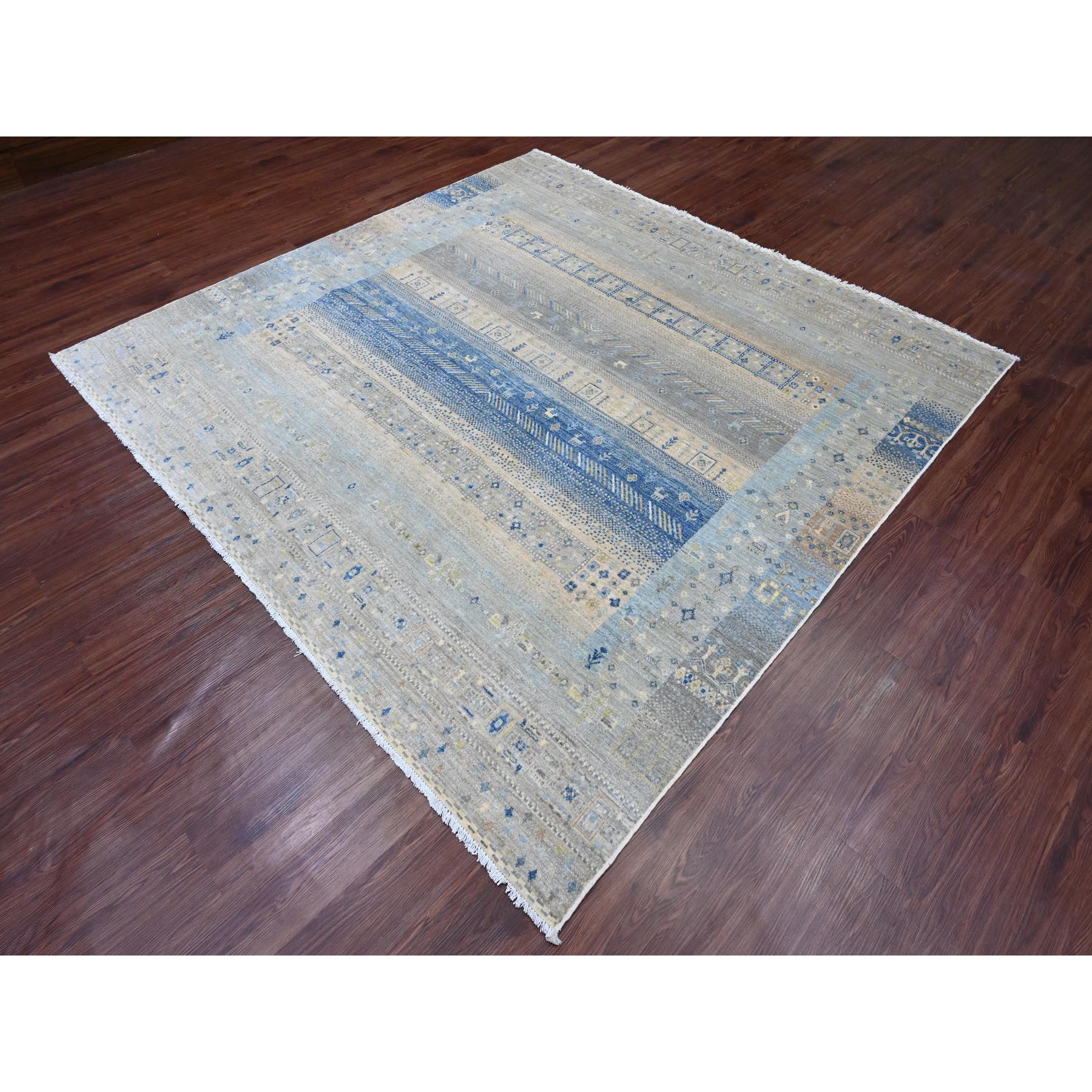 8'x8' Spanish Gray, Hand Knotted, Fine Kashkuli Gabbeh with Small Animal Figurines, Soft Wool, Vegetable Dyes, Square, Oriental Rug Sh20915