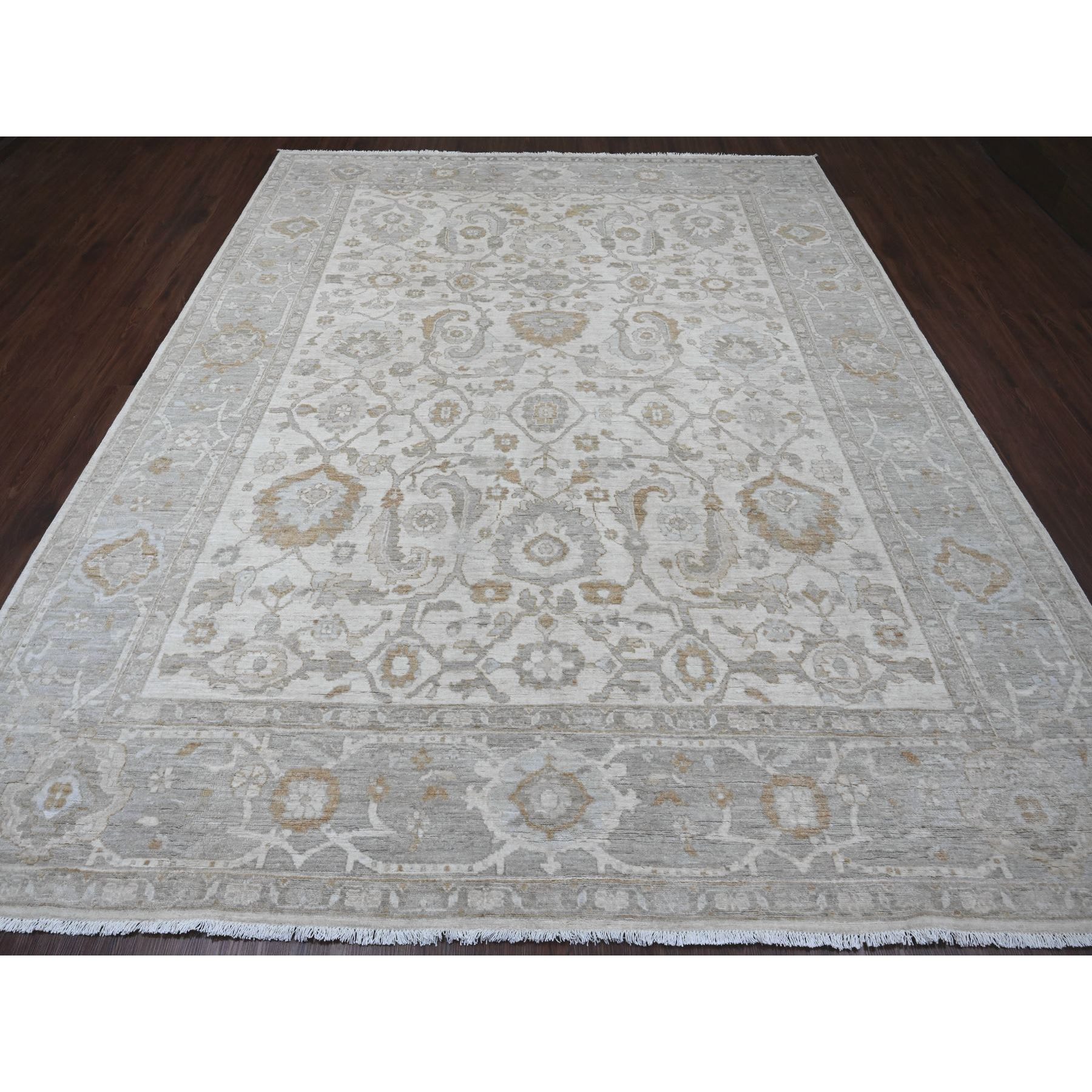 9'x11' Pearl White, Peshawar with Heriz All Over Design, Hand Knotted, Densely Woven, Aryana Collection, High Mountain Wool, Vegetable Dyes, Oriental Rug Sh20918