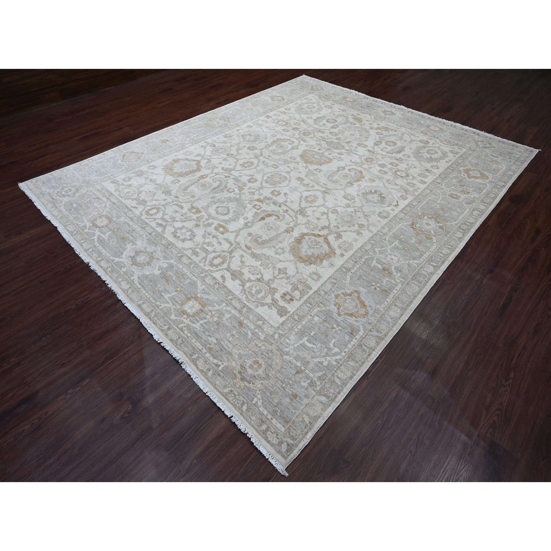 9'x11' Pearl White, Peshawar with Heriz All Over Design, Hand Knotted, Densely Woven, Aryana Collection, High Mountain Wool, Vegetable Dyes, Oriental Rug Sh20918
