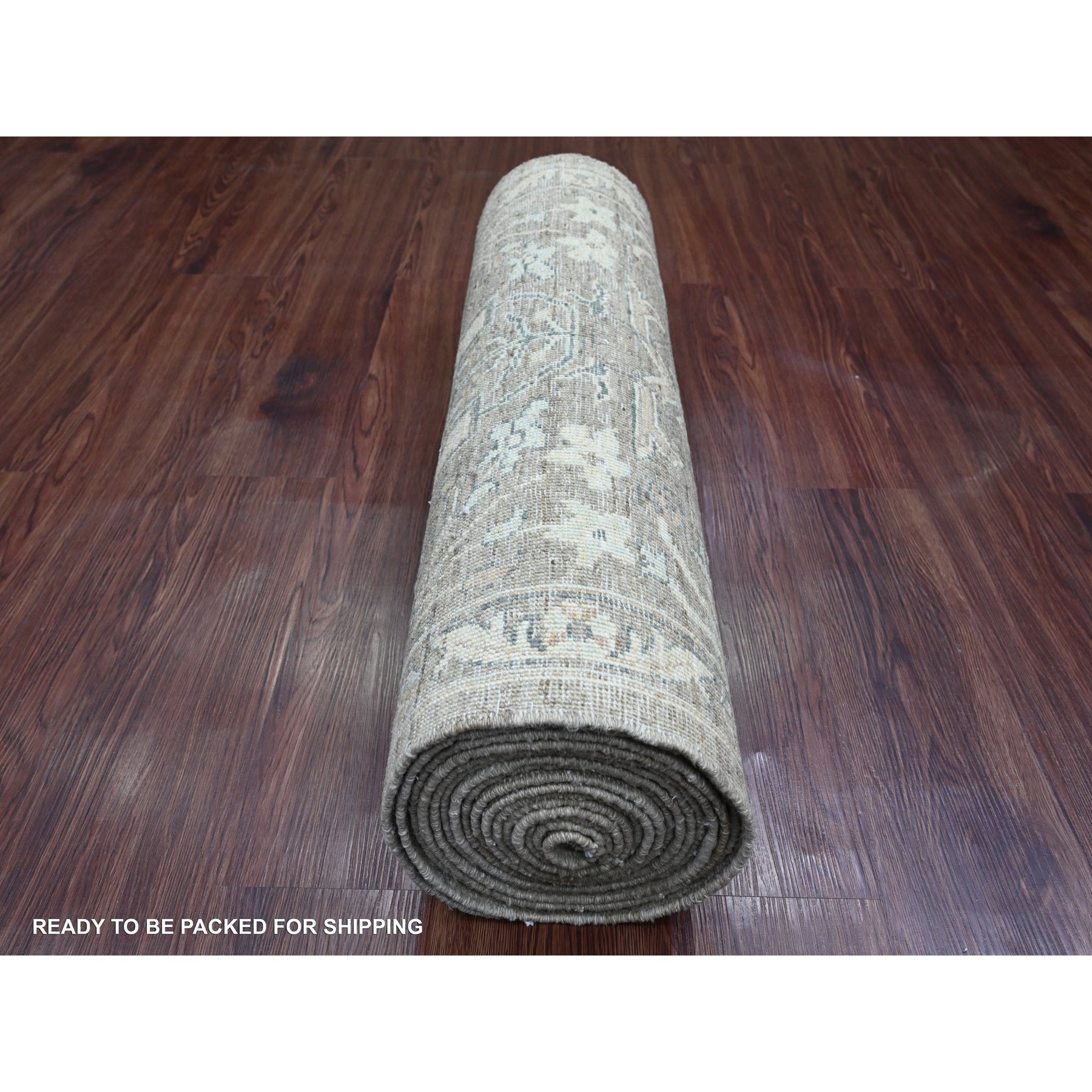 2'8"x19'4" Mocha Brown, Stone Washed Peshawar with Geometric Leaf Pattern, Hand Knotted, Vegetable Dyes, 100% Wool, XL Runner, Oriental Rug Sh20930