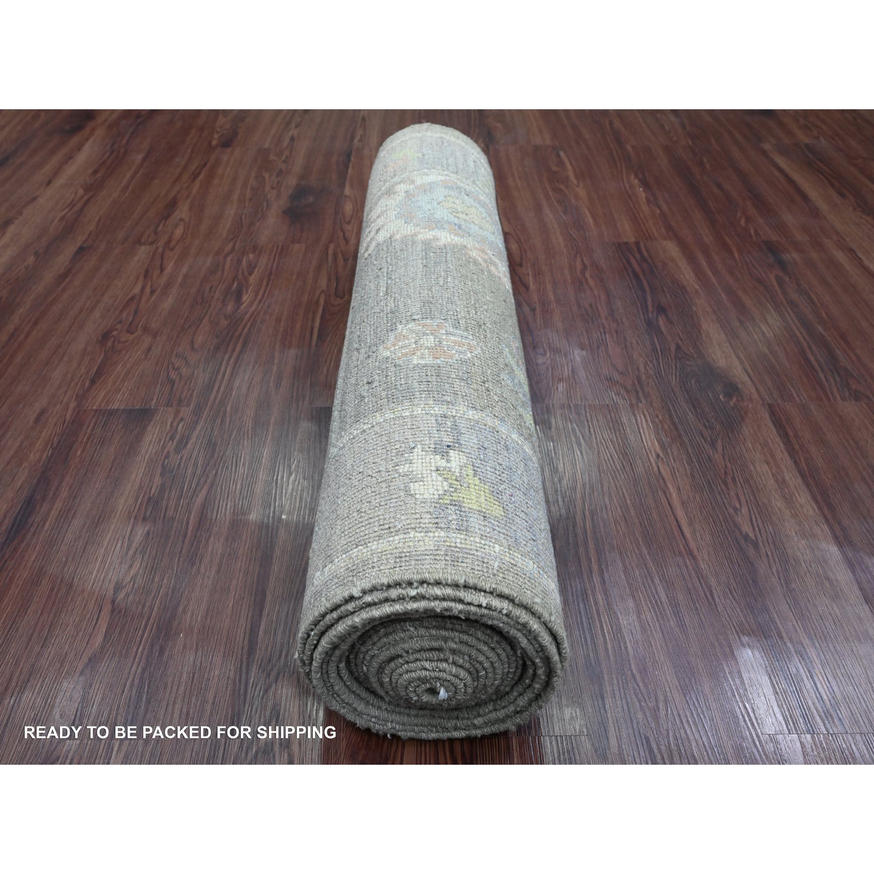 3'x19'10" Sage Green, Hand Knotted, Afghan Angora Oushak with All Over Leaf Design, Veggie Dyes, Pure Wool, XL Runner, Oriental Rug Sh20931