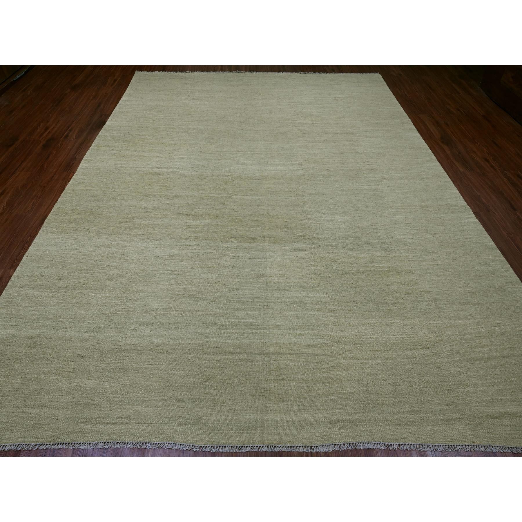 9'1"x12' Swamp Green, Solid Design, Hand Woven, Afghan Kilim, Hand Spun Wool, Vegetable Dyes, Flat Weave, Oriental Rug Sh20949