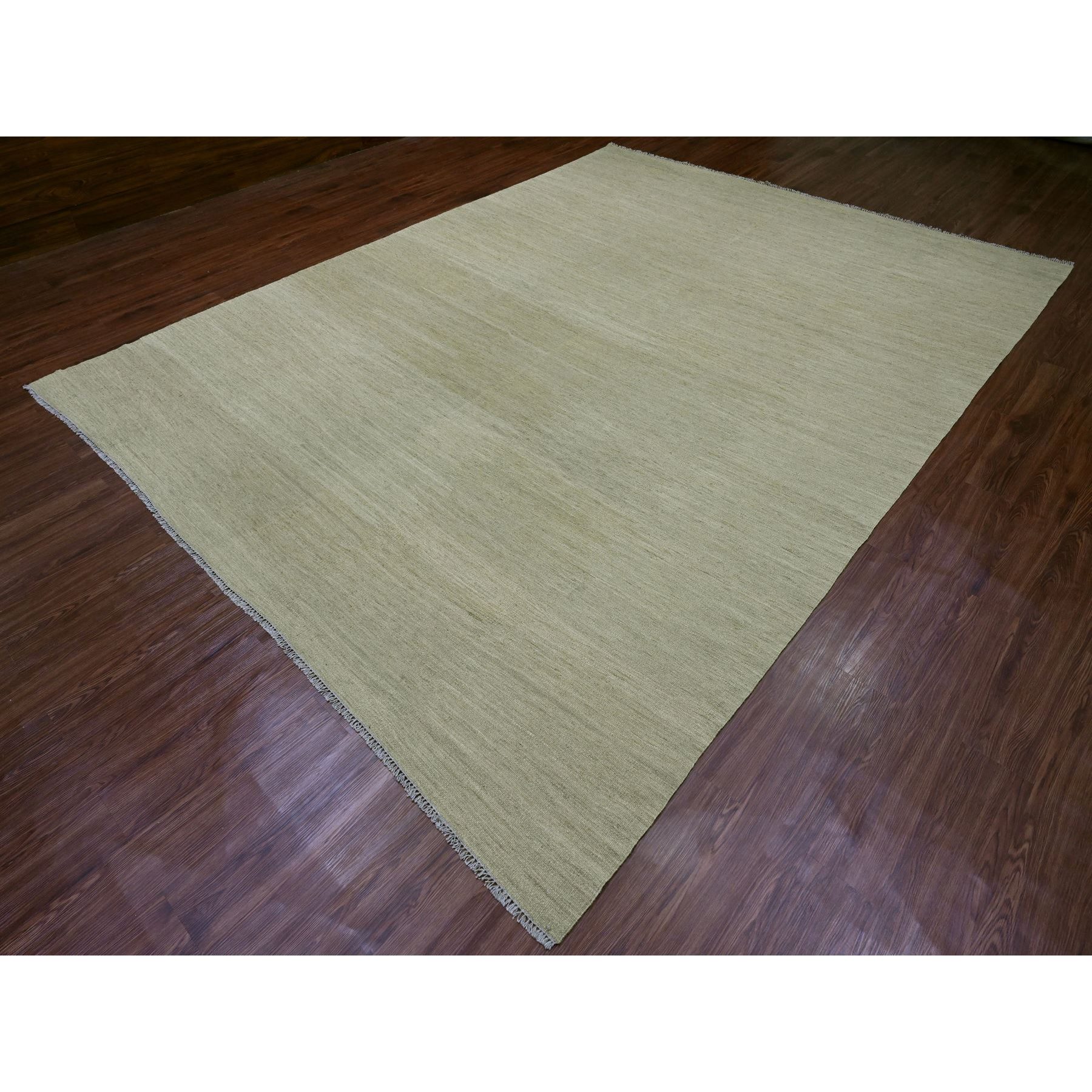 9'1"x12' Swamp Green, Solid Design, Hand Woven, Afghan Kilim, Hand Spun Wool, Vegetable Dyes, Flat Weave, Oriental Rug Sh20949