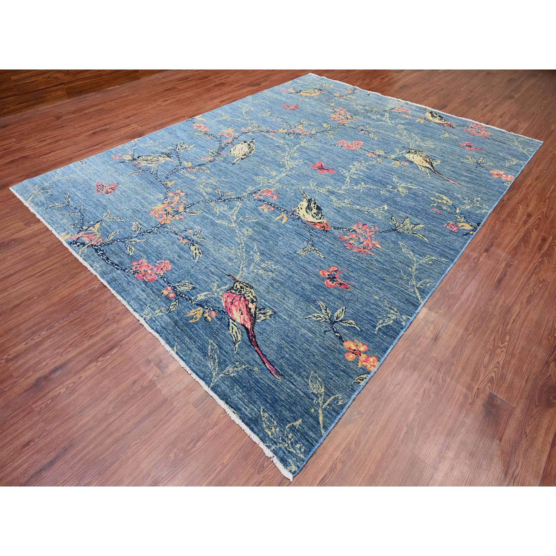 9'2"x11'10" Bayern Blue, Sparrows on the Tree, Peshawar, 100% Wool, Soft Pile, Lush and Plush, Hand Knotted, Oriental Rug Sh20953
