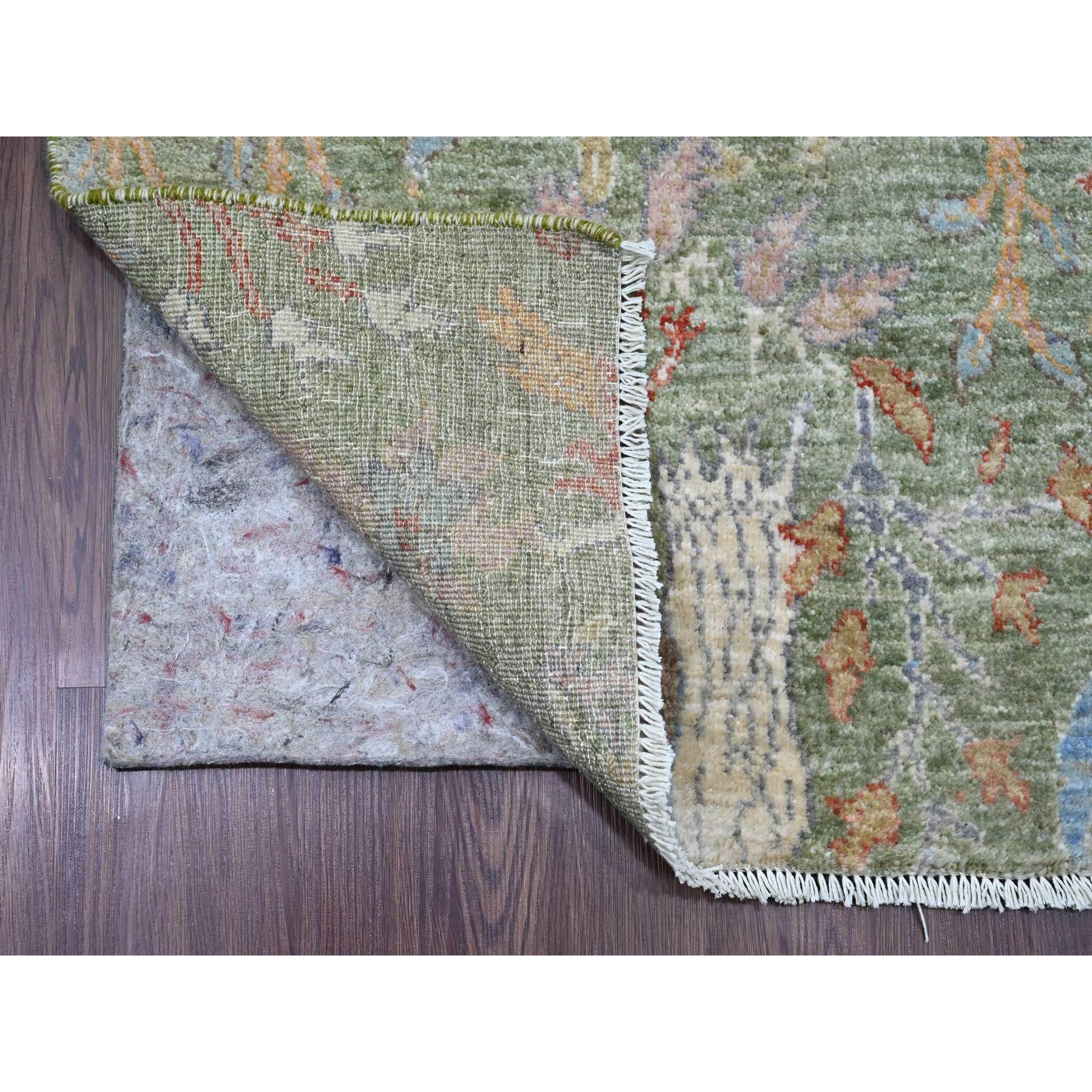 2'6"x24' Basil Green, Afghan Peshawar with Birds of Paradise Design, Soft and Velvety Wool, Hand Knotted, Vegetable Dyes, XL Runner, Oriental Rug Sh20959
