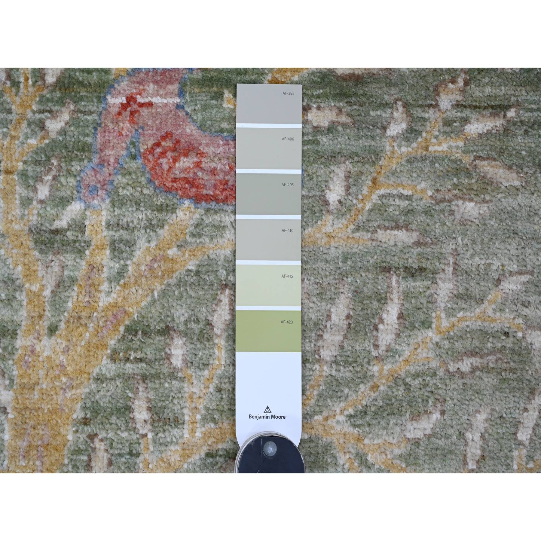 2'6"x24' Basil Green, Afghan Peshawar with Birds of Paradise Design, Soft and Velvety Wool, Hand Knotted, Vegetable Dyes, XL Runner, Oriental Rug Sh20959