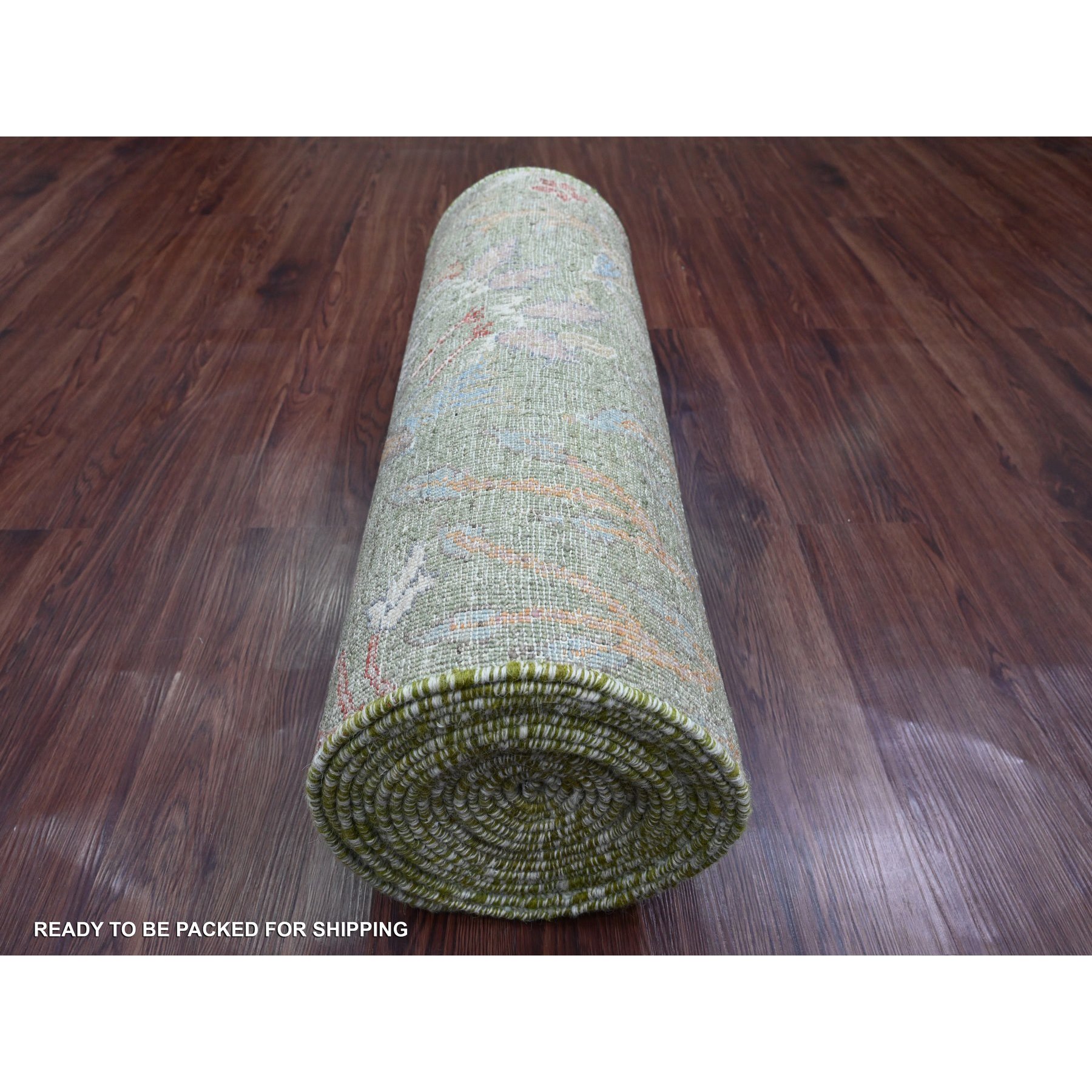 2'6"x24' Basil Green, Afghan Peshawar with Birds of Paradise Design, Soft and Velvety Wool, Hand Knotted, Vegetable Dyes, XL Runner, Oriental Rug Sh20959