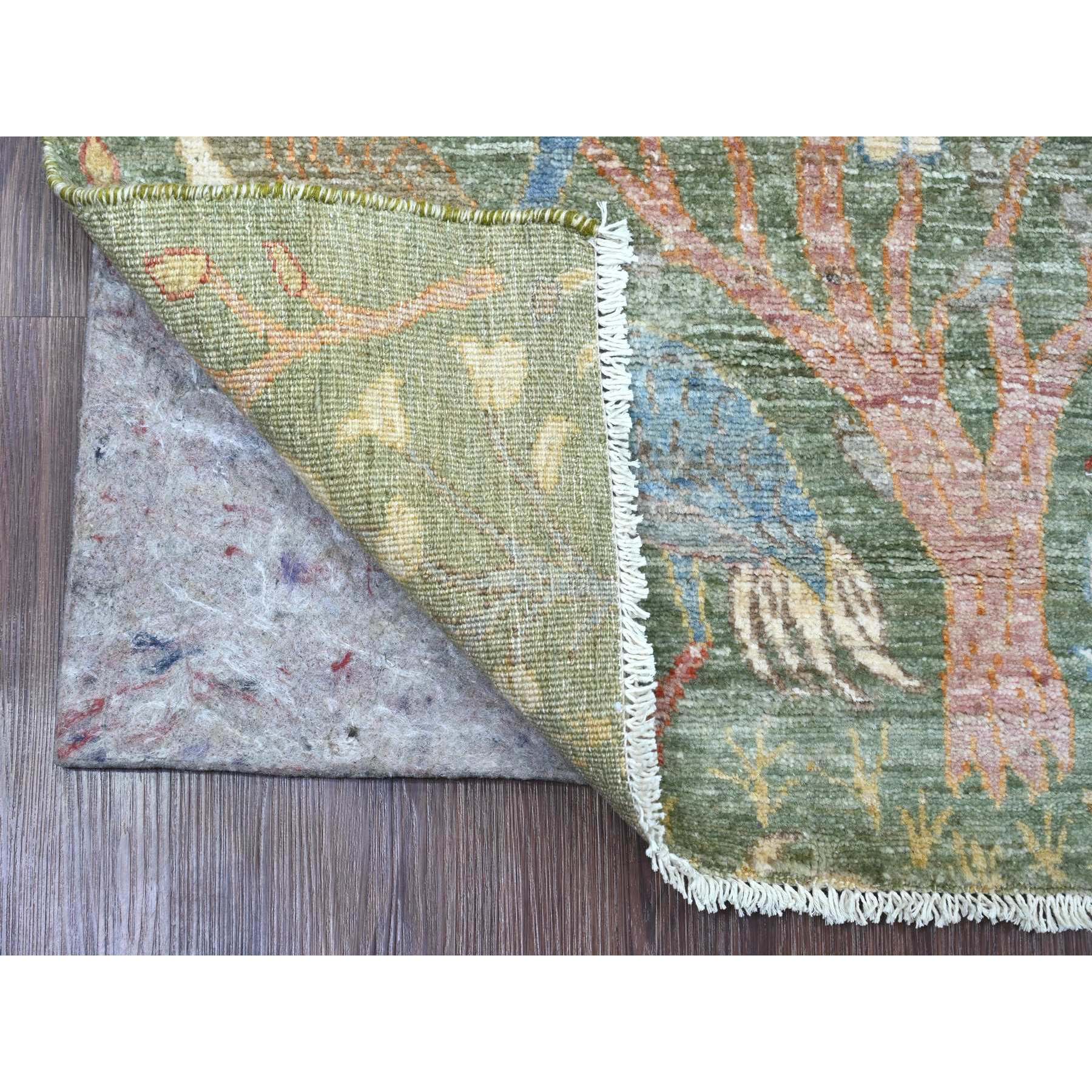 2'6"x6'1" Sage Green, Afghan Peshawar with Birds of Paradise Design, Hand Knotted, Soft Pile, 100% Wool, Natural Dyes, Runner, Oriental Rug Sh20961