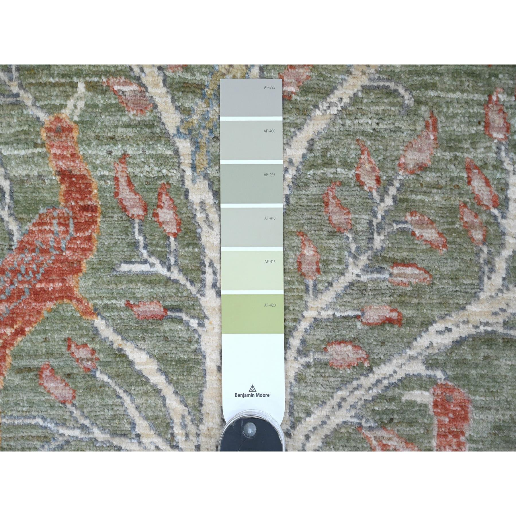 2'6"x6'1" Sage Green, Afghan Peshawar with Birds of Paradise Design, Hand Knotted, Soft Pile, 100% Wool, Natural Dyes, Runner, Oriental Rug Sh20961
