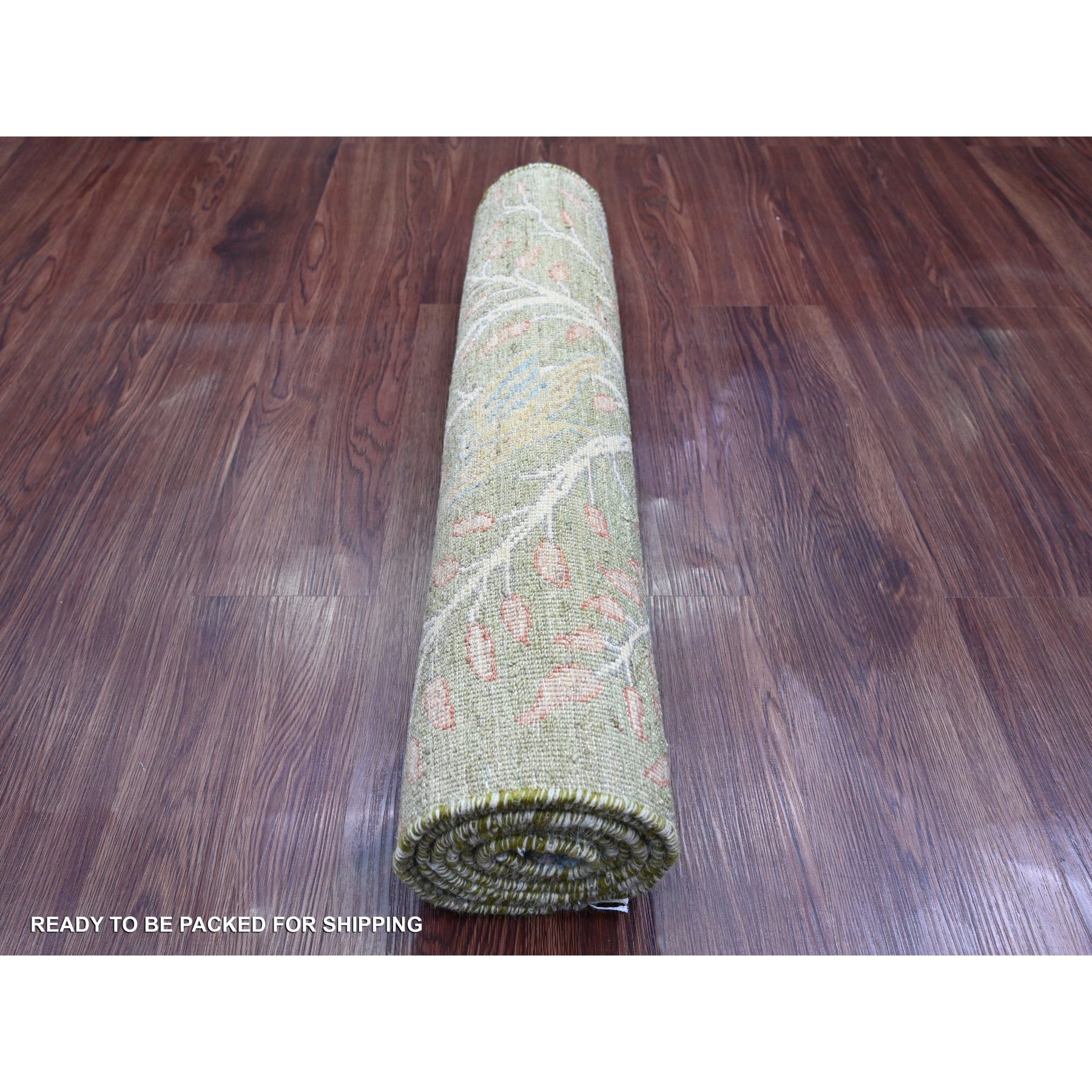 2'6"x6'1" Sage Green, Afghan Peshawar with Birds of Paradise Design, Hand Knotted, Soft Pile, 100% Wool, Natural Dyes, Runner, Oriental Rug Sh20961