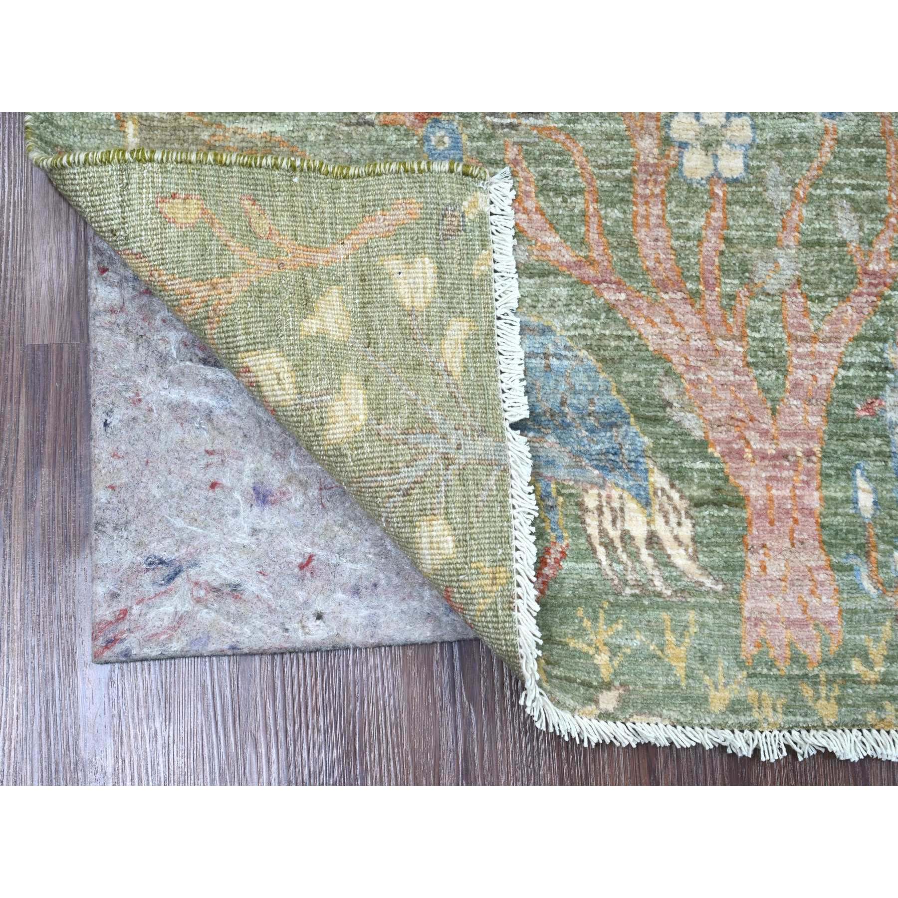 2'7"x6' Pickle Green, Afghan Peshawar with Birds of Paradise Design, Vegetable Dyes, Hand Knotted, Soft Wool, Runner, Oriental Rug Sh20963