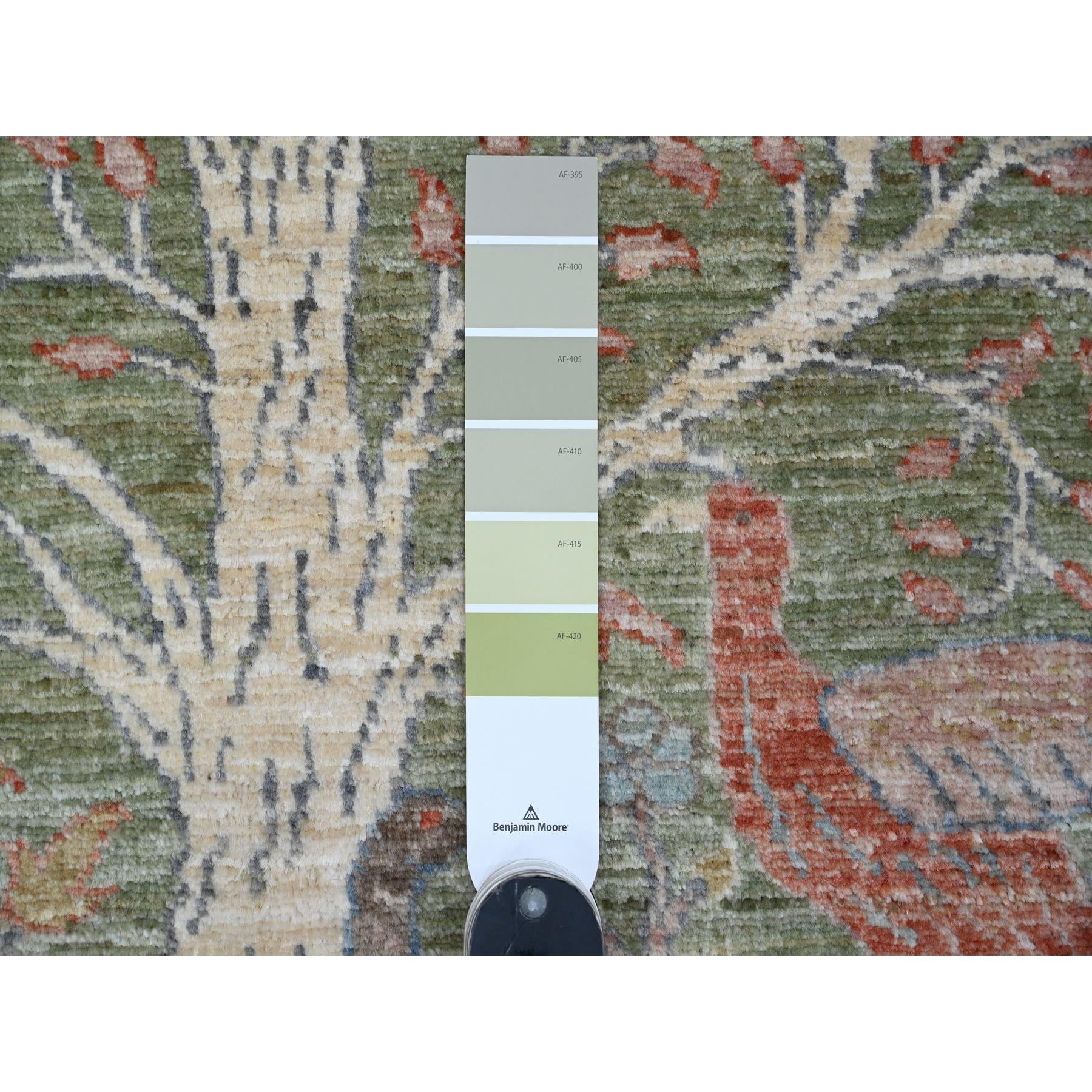 2'7"x6' Pickle Green, Afghan Peshawar with Birds of Paradise Design, Vegetable Dyes, Hand Knotted, Soft Wool, Runner, Oriental Rug Sh20963