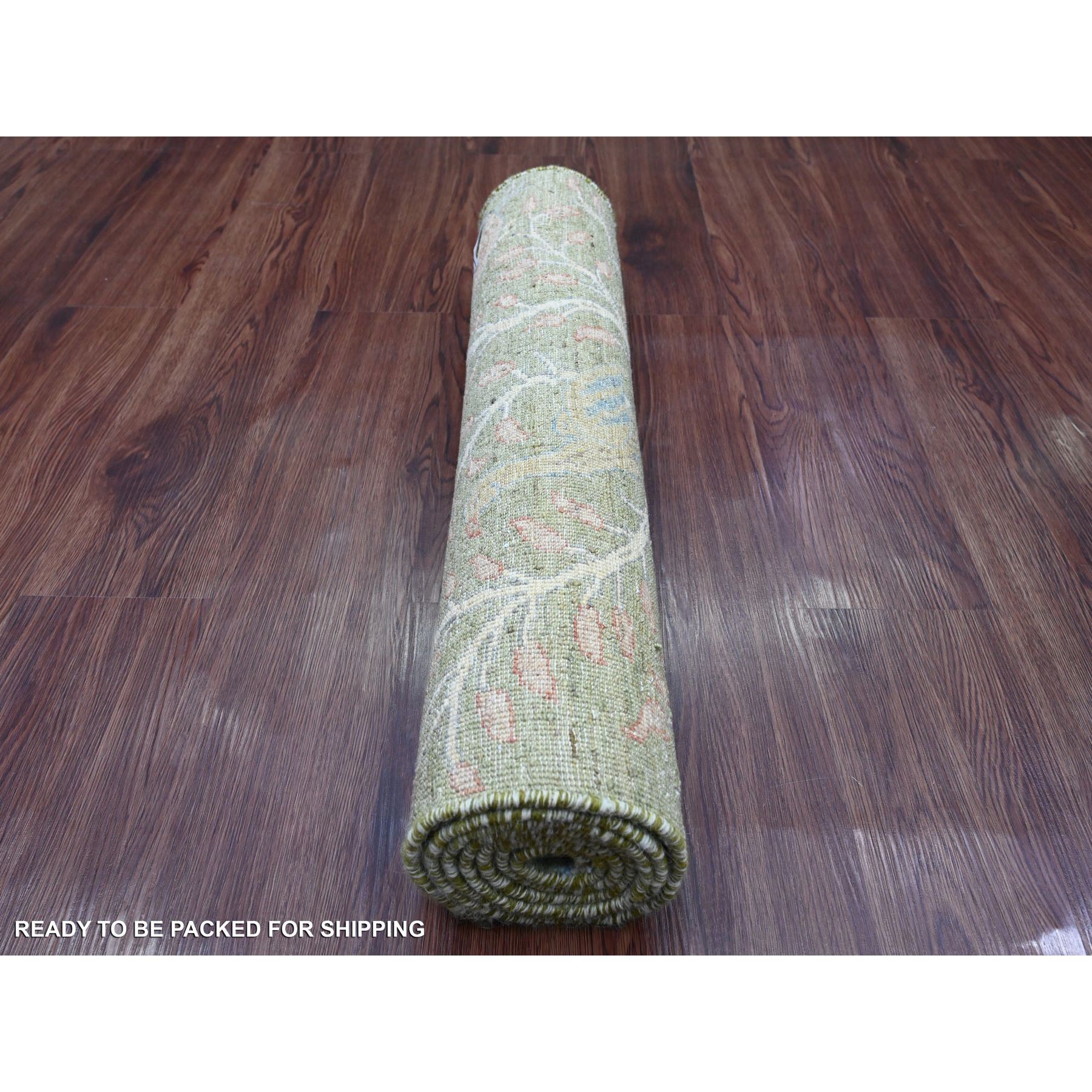 2'7"x6' Pickle Green, Afghan Peshawar with Birds of Paradise Design, Vegetable Dyes, Hand Knotted, Soft Wool, Runner, Oriental Rug Sh20963