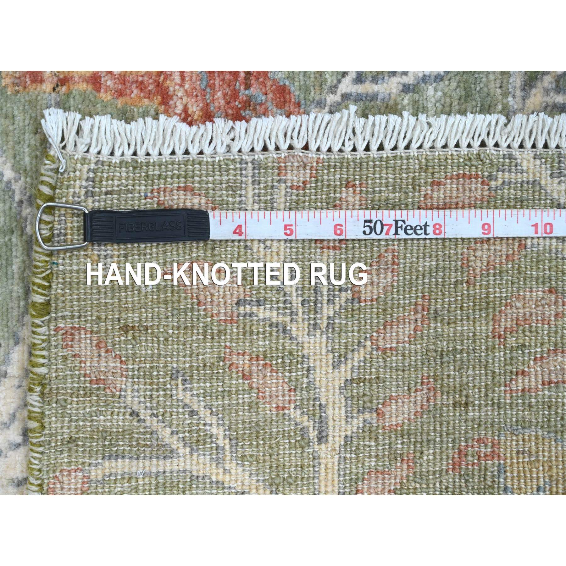 2'7"x6' Pickle Green, Afghan Peshawar with Birds of Paradise Design, Vegetable Dyes, Hand Knotted, Soft Wool, Runner, Oriental Rug Sh20963