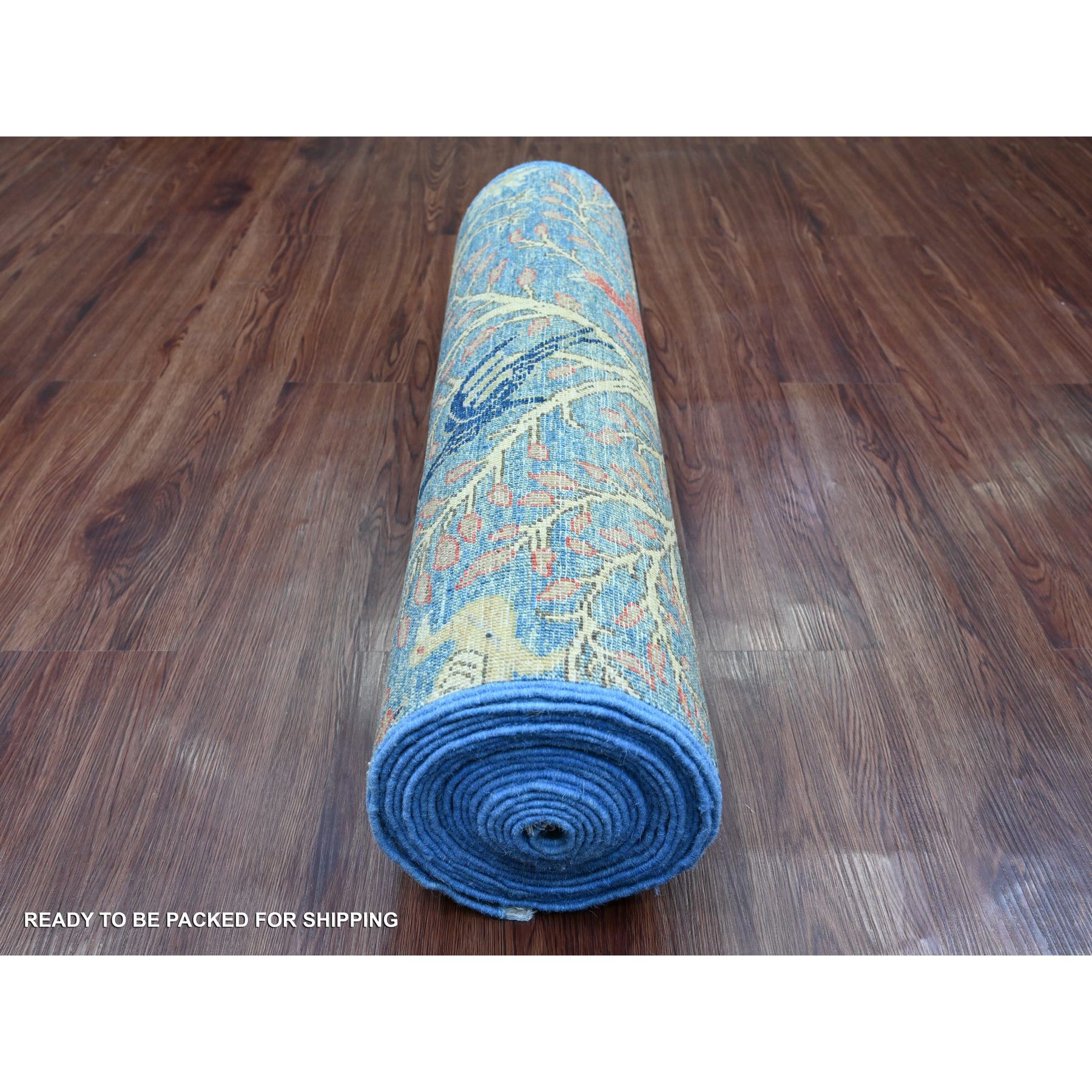 2'9"x23'4" Carolina Blue, Hand Knotted, Afghan Peshawar with Birds of Paradise Design, Veggie Dyes, Soft and Velvety Wool, XL Runner, Oriental Rug Sh20965