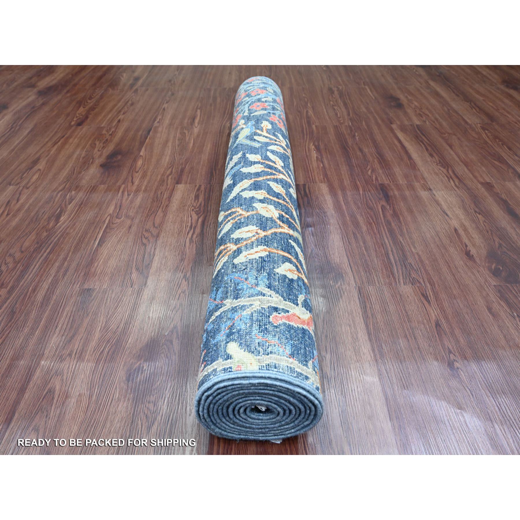 4'2"x11'8" Aegean Blue, Afghan Peshawar with Birds of Paradise Design, Hand Knotted, Soft and Shiny Wool, Natural Dyes, Wide Runner, Oriental Rug Sh20966