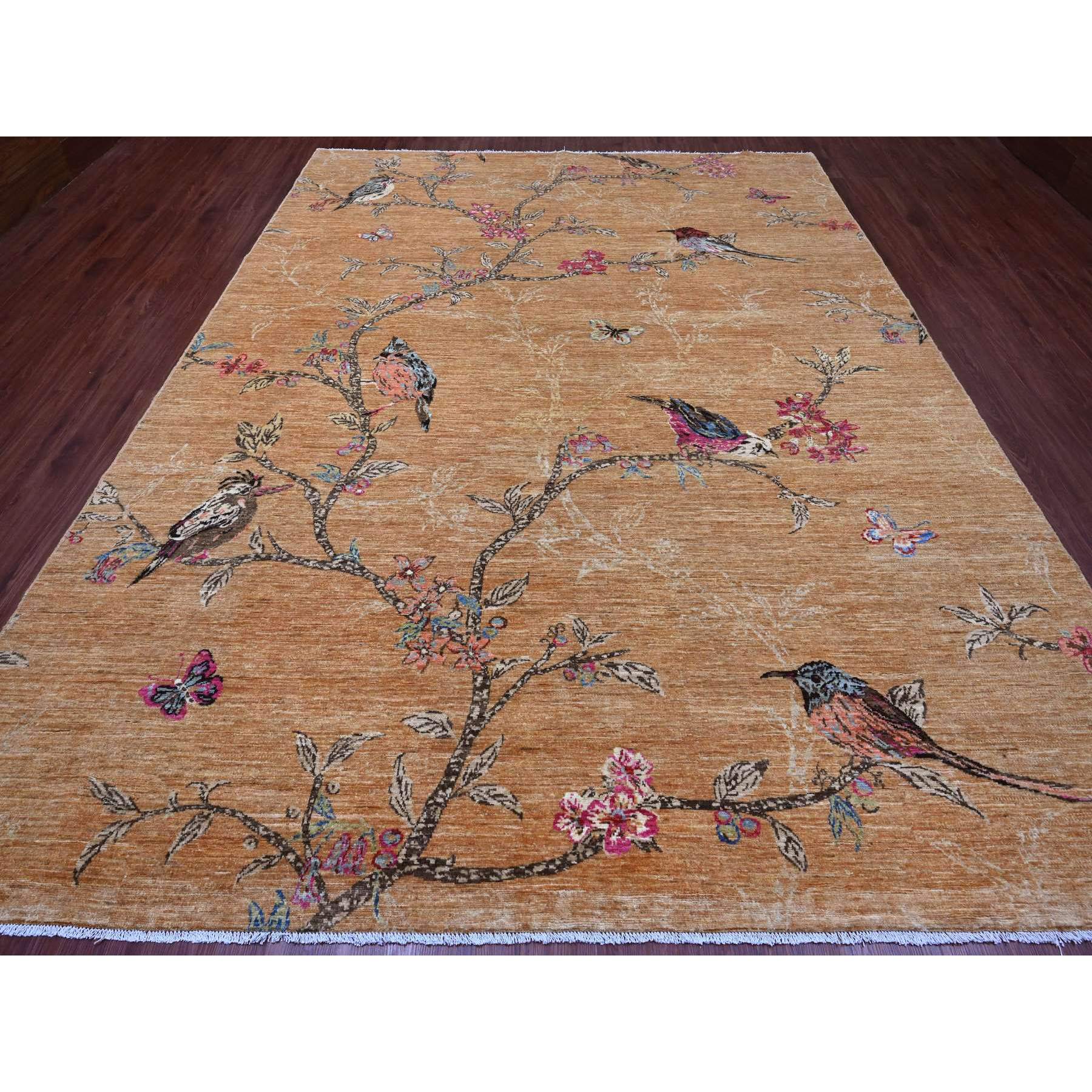 9'x12' Honey Brown, Sparrows on the Tree, Peshawar, 100% Soft Wool, Hand Knotted, Oriental Rug Sh20969