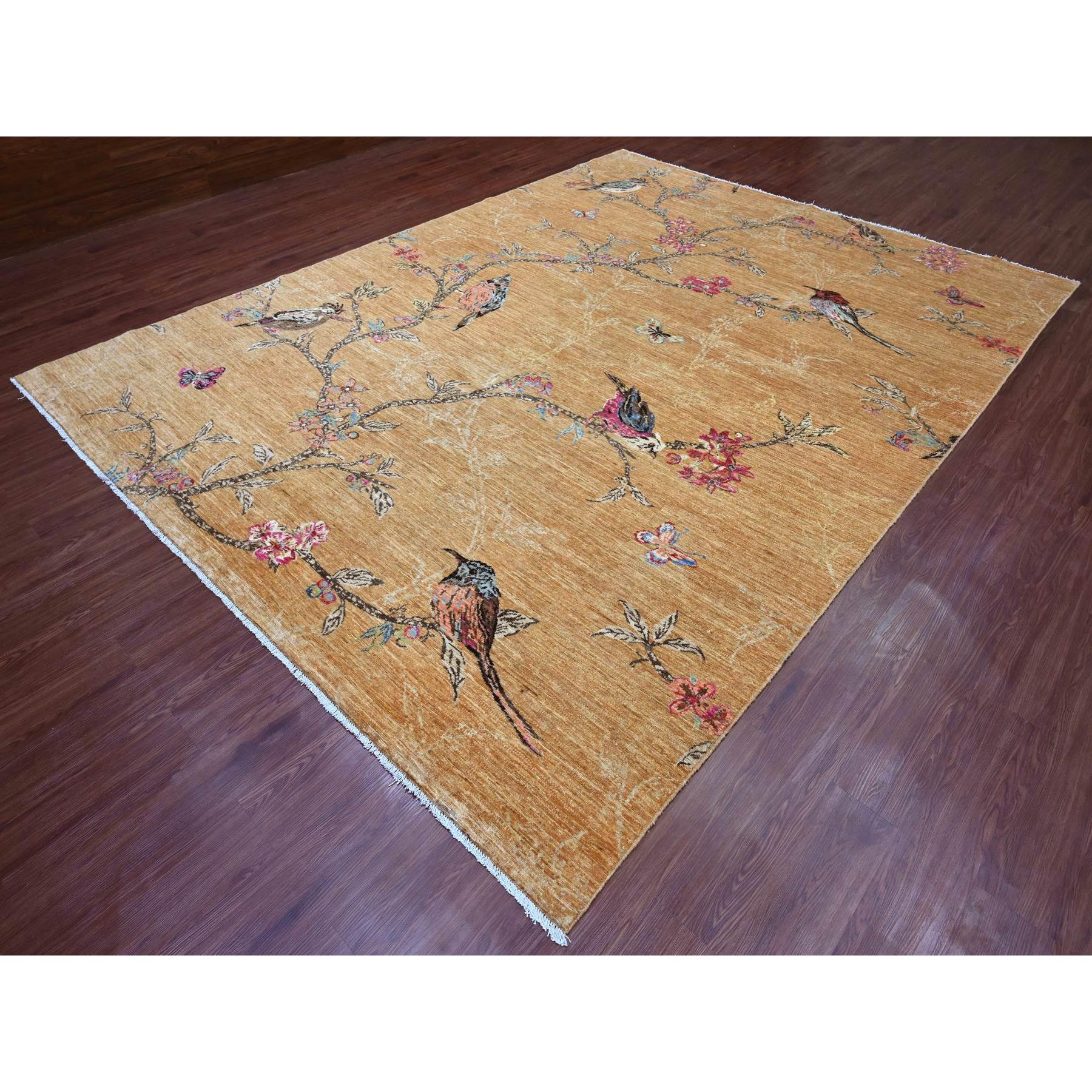 9'x12' Honey Brown, Sparrows on the Tree, Peshawar, 100% Soft Wool, Hand Knotted, Oriental Rug Sh20969