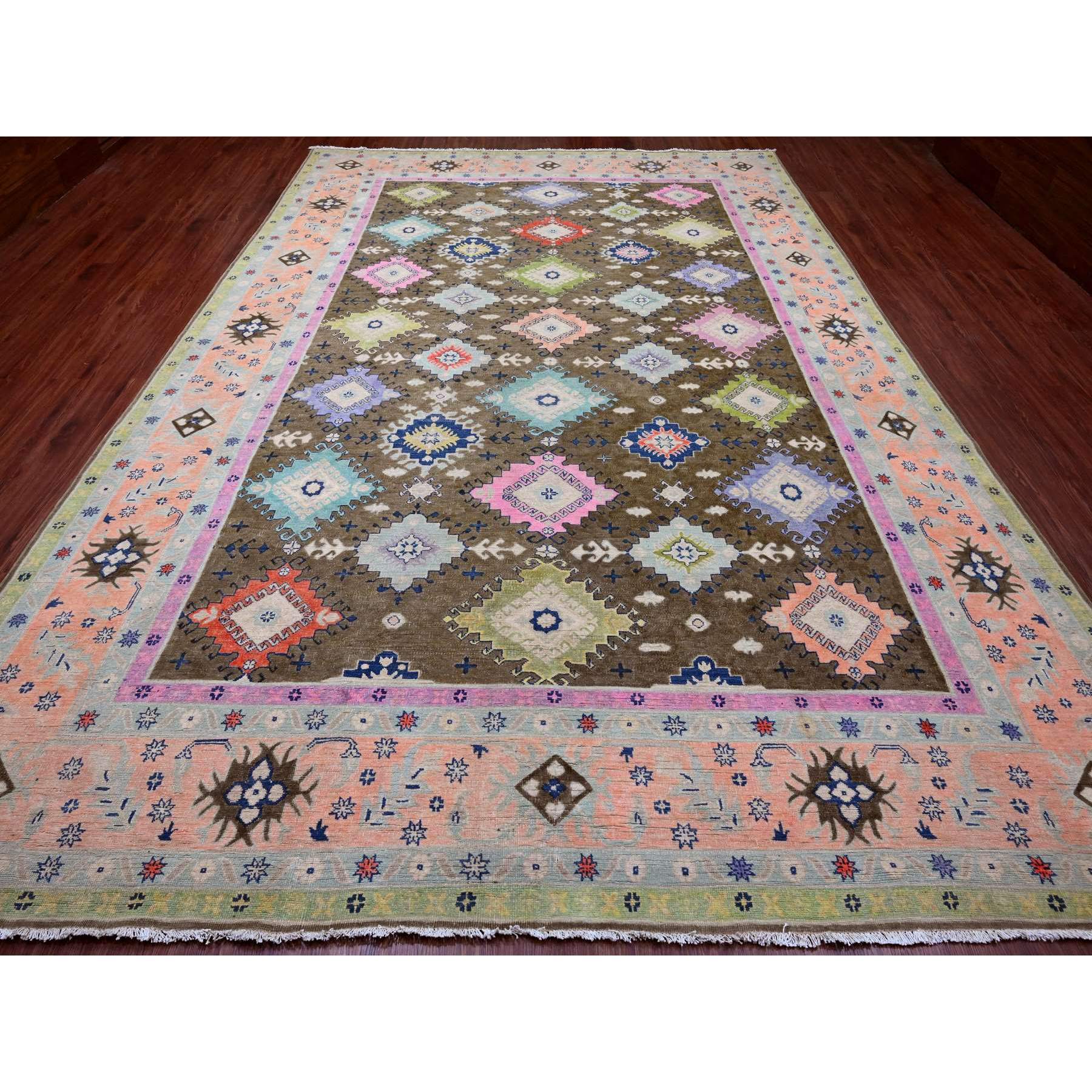 9'5"x13'9" Chocolate Brown, Colorful Fusion Kazak, Caucasian Design, Hand Knotted, 100% Wool, Oriental Rug Sh20971