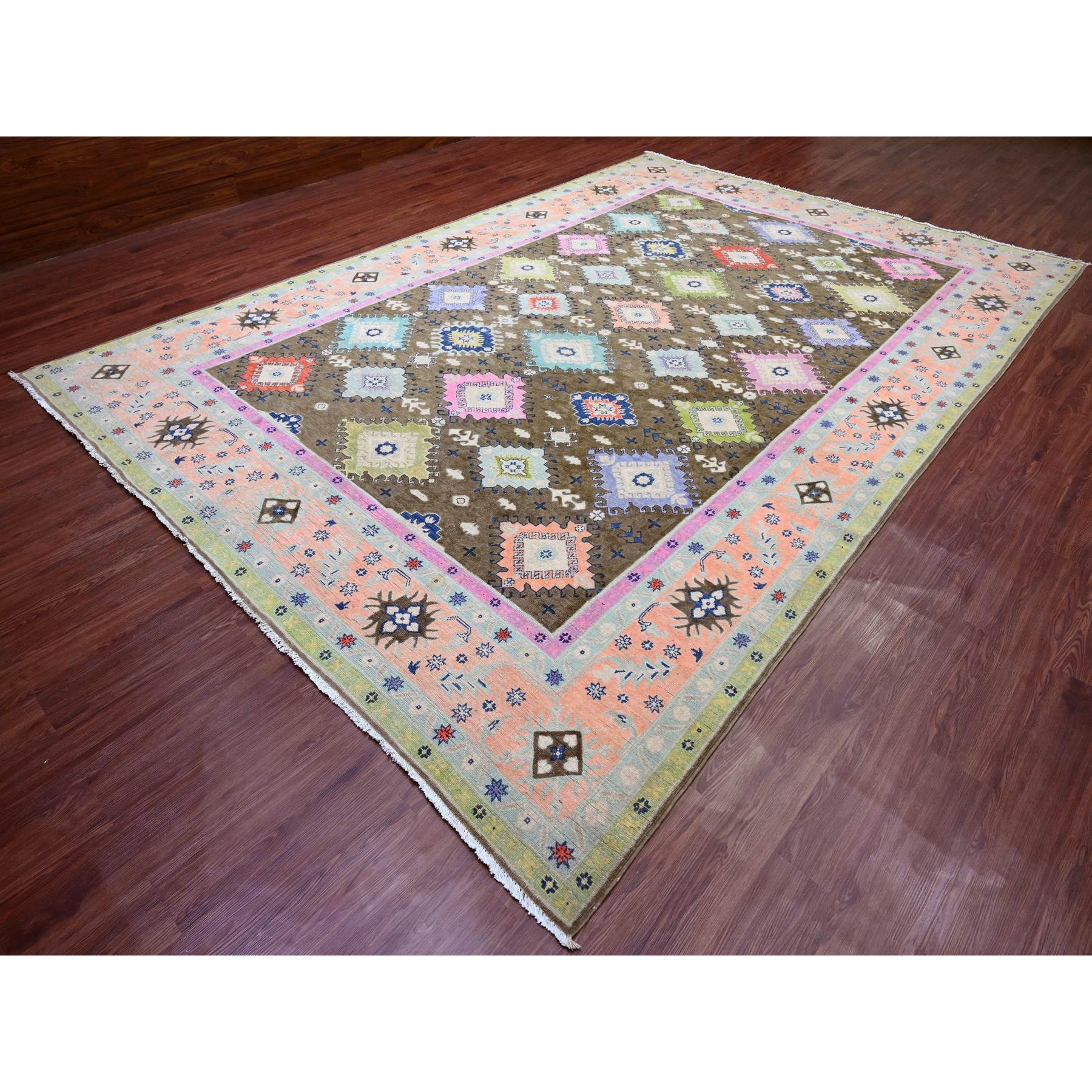 9'5"x13'9" Chocolate Brown, Colorful Fusion Kazak, Caucasian Design, Hand Knotted, 100% Wool, Oriental Rug Sh20971