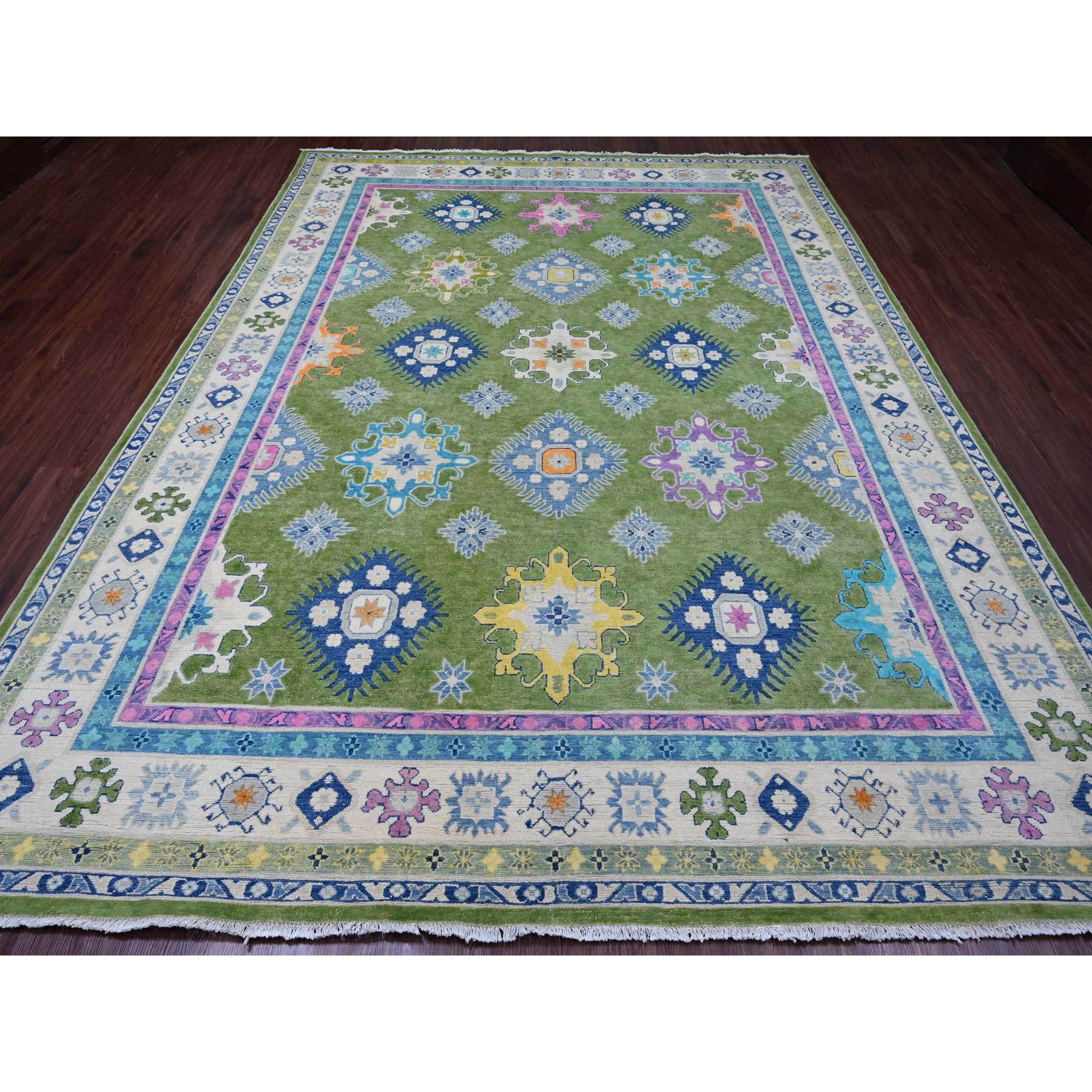 8'10"x11'8" Pickle Green, Colorful Fusion Kazak, Caucasian Design, Hand Knotted, 100% Wool, Oriental Rug Sh20972