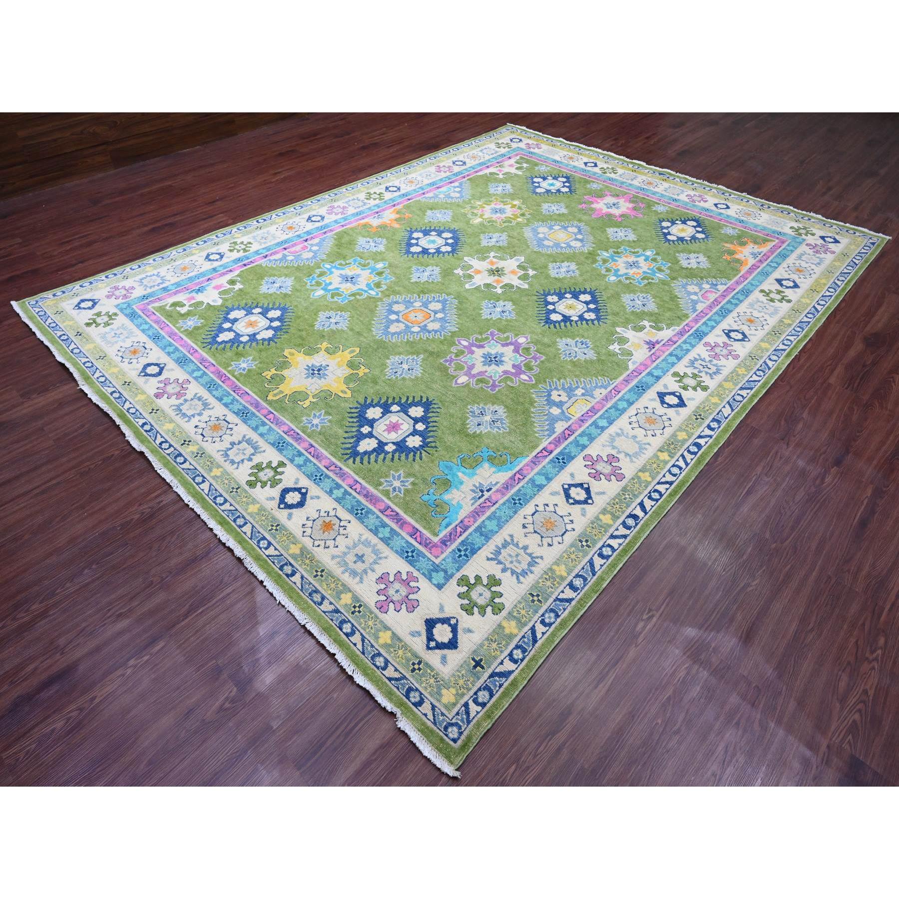 8'10"x11'8" Pickle Green, Colorful Fusion Kazak, Caucasian Design, Hand Knotted, 100% Wool, Oriental Rug Sh20972