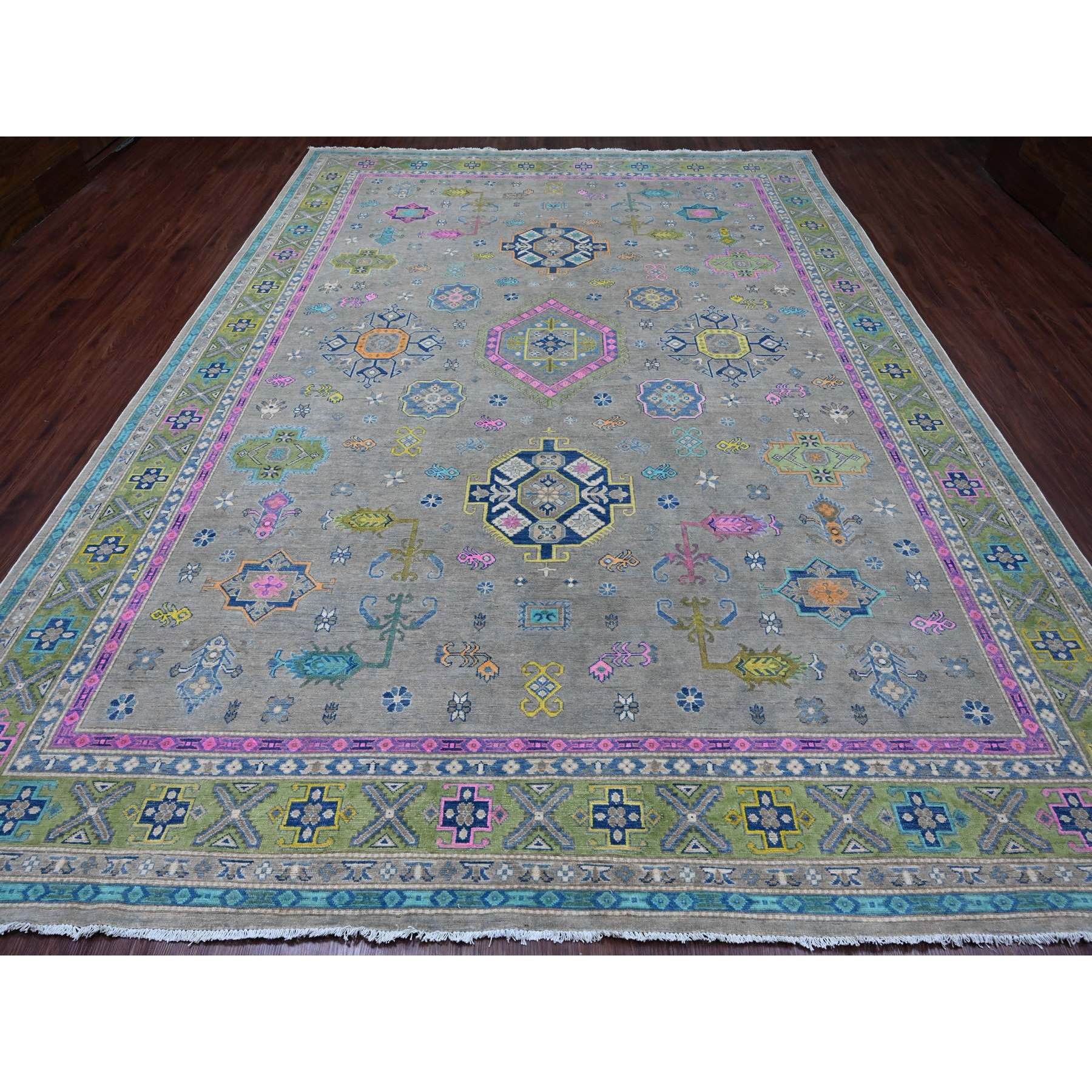 9'9"x13'2" Stone Gray, Colorful Fusion Kazak, Caucasian Medallions Design, Hand Knotted, Pure Wool, Oriental Rug Sh20973
